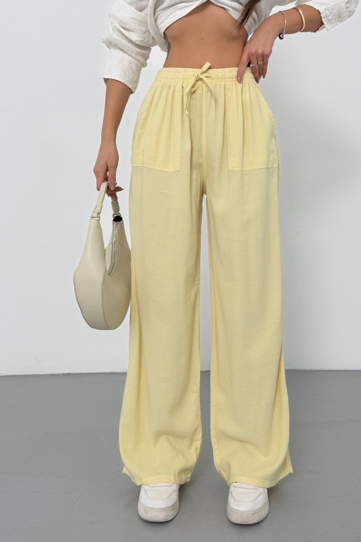 Kadın Yaz Sarısı Yüksek Bel Beli Lastikli Bağcıklı Bol Paça Geniş Kesim Şık Cepli Premium Palazzo Pantolon