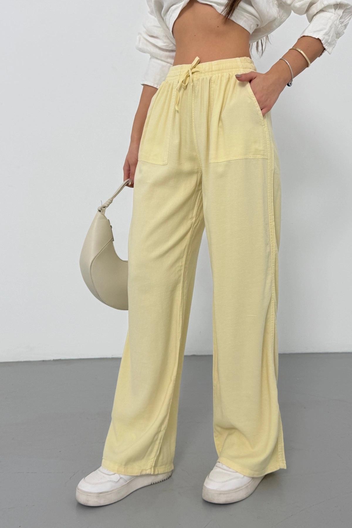 Kadın Yaz Sarısı Yüksek Bel Beli Lastikli Bağcıklı Bol Paça Geniş Kesim Şık Cepli Premium Palazzo Pantolon