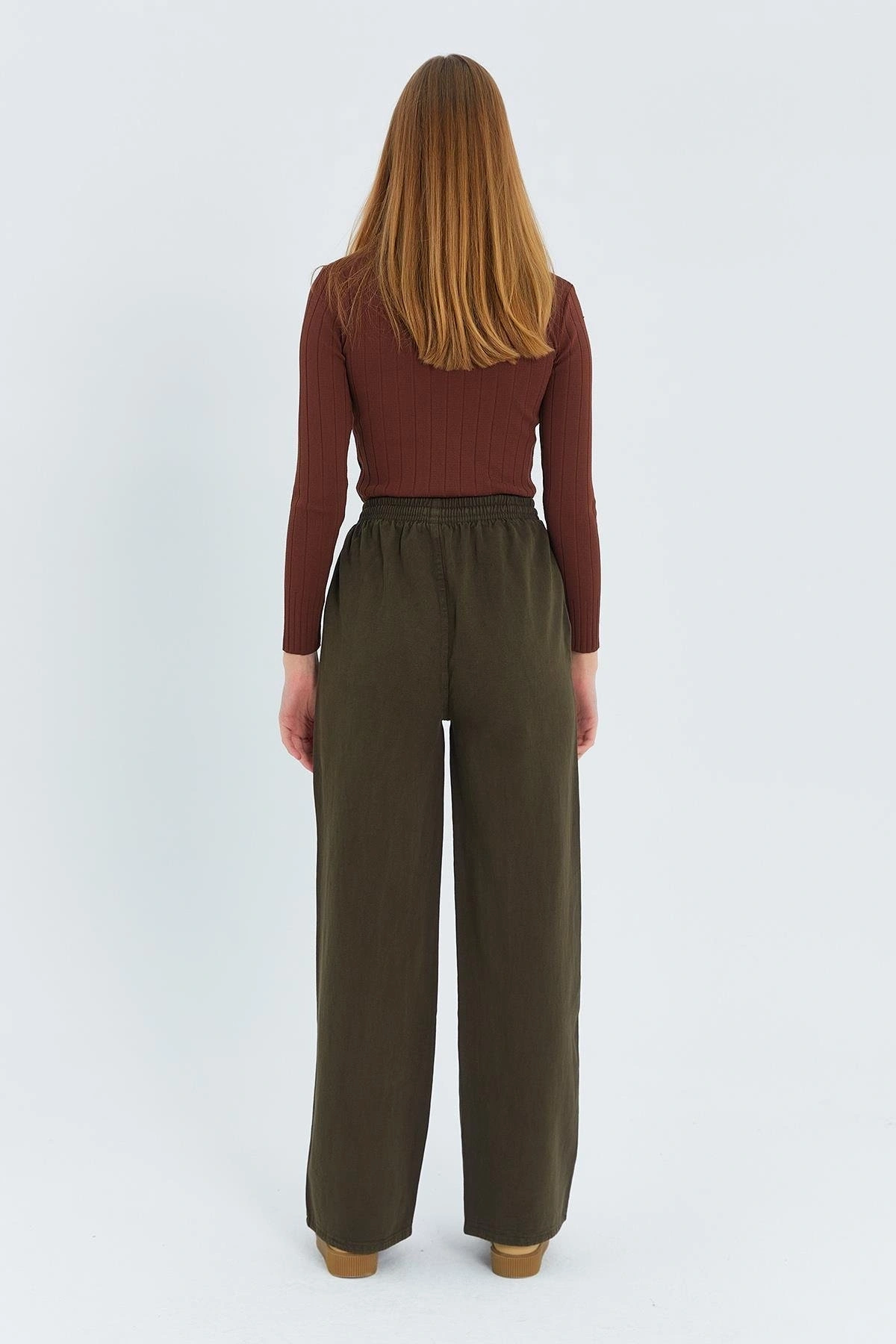 Kadın Kahverengi Yüksek Bel Beli Lastikli Bağcıklı Bol Paça Geniş Kesim Şık Cepli Premium Palazzo Pantolon