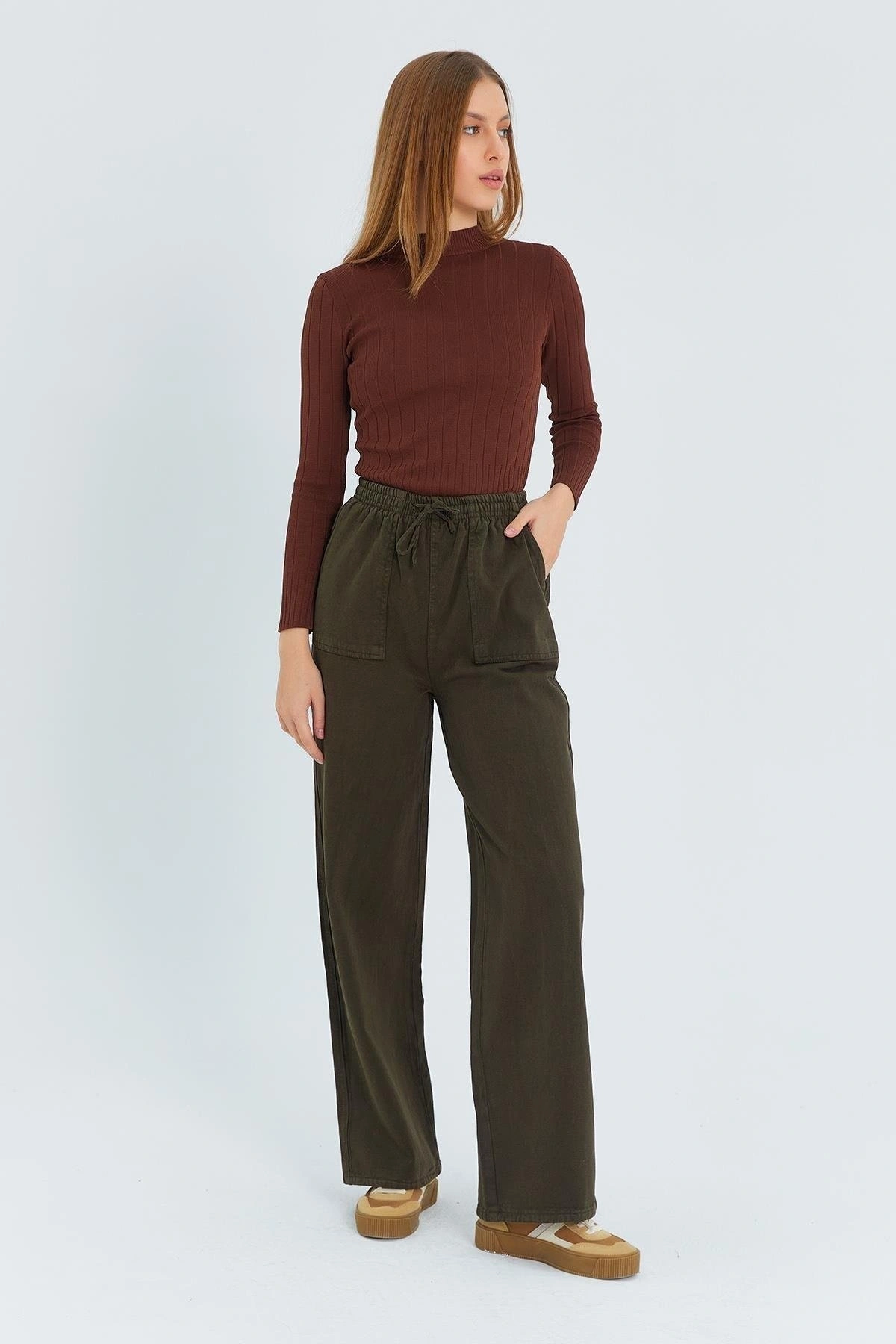 Kadın Kahverengi Yüksek Bel Beli Lastikli Bağcıklı Bol Paça Geniş Kesim Şık Cepli Premium Palazzo Pantolon