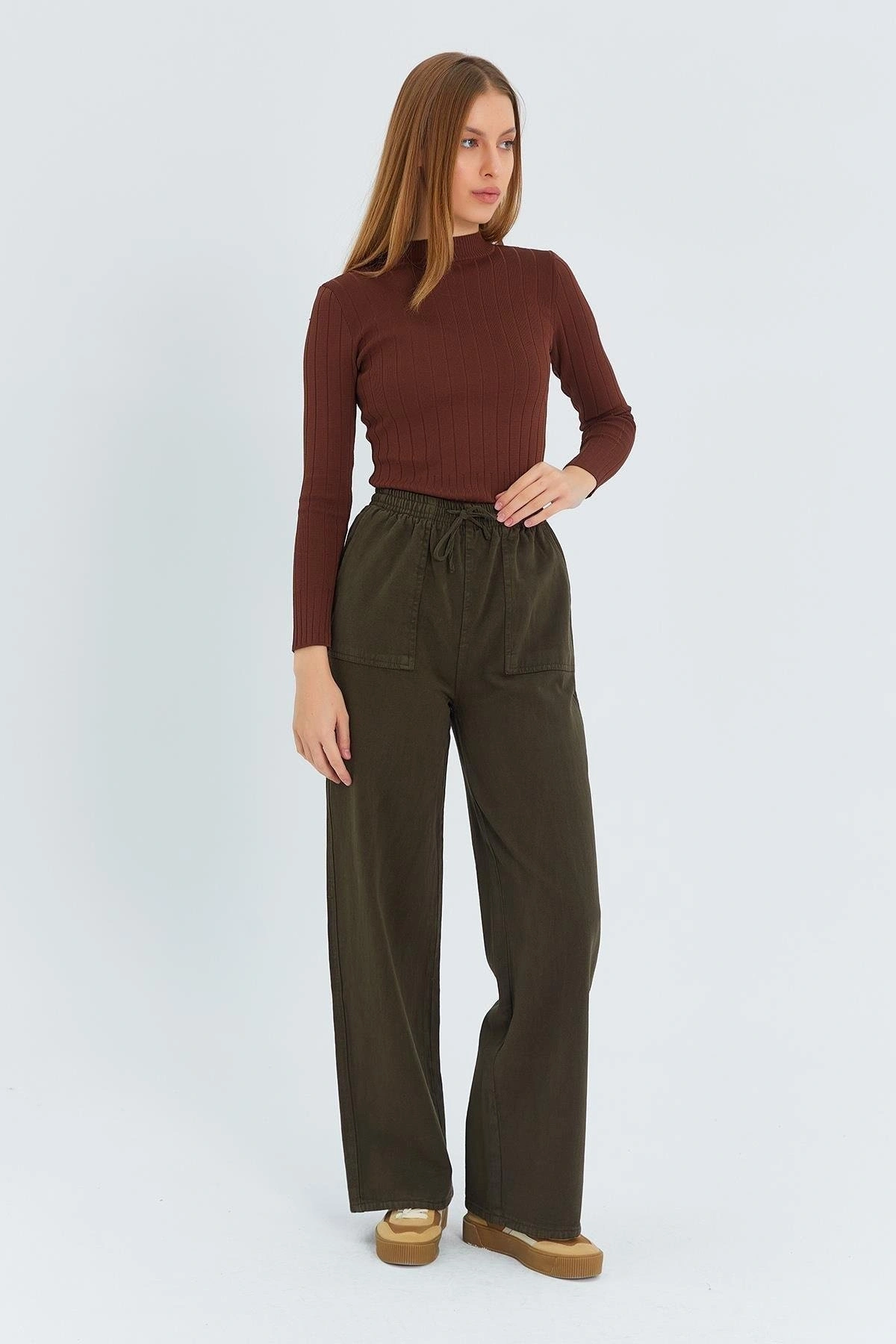 Kadın Kahverengi Yüksek Bel Beli Lastikli Bağcıklı Bol Paça Geniş Kesim Şık Cepli Premium Palazzo Pantolon