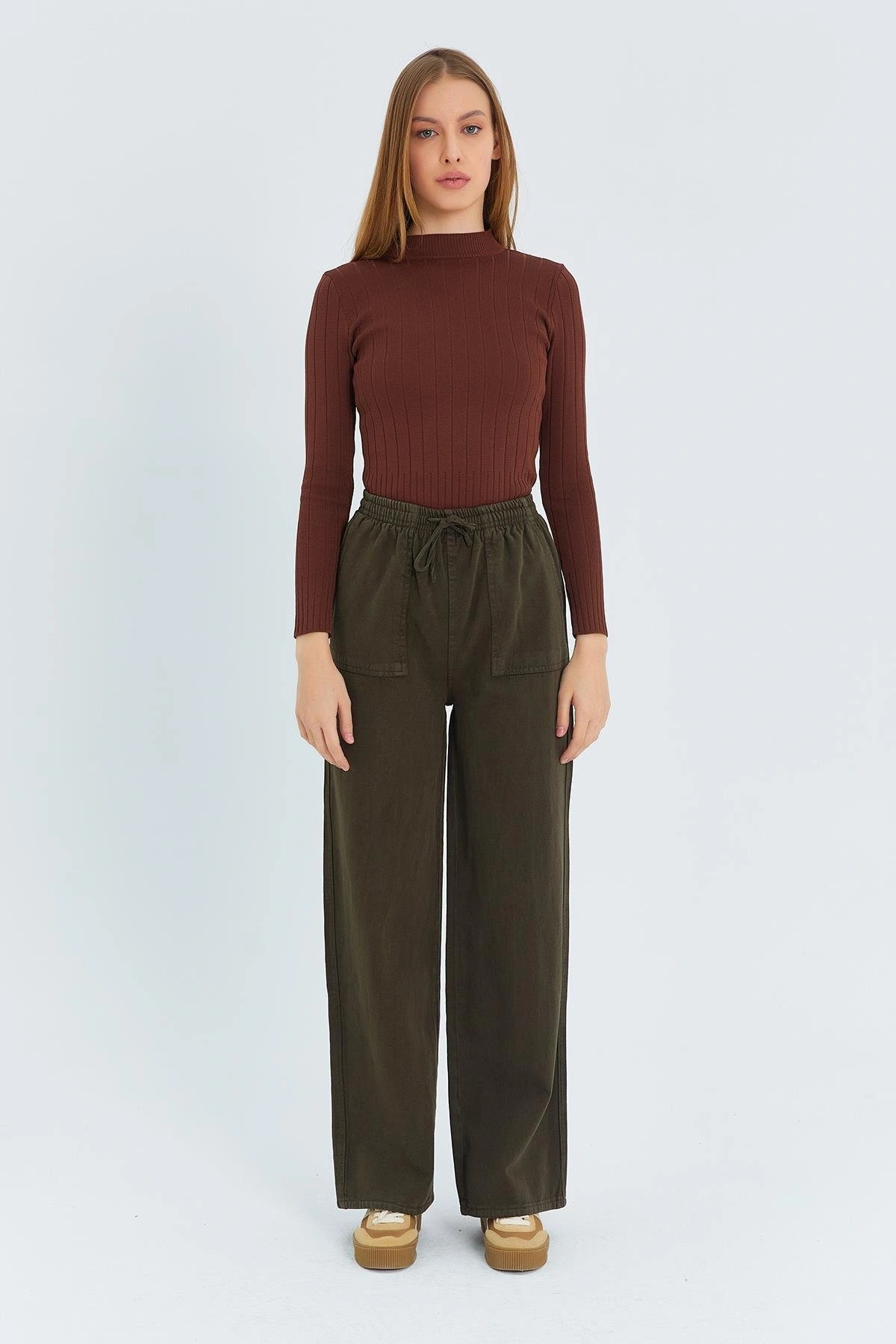 Kadın Kahverengi Yüksek Bel Beli Lastikli Bağcıklı Bol Paça Geniş Kesim Şık Cepli Premium Palazzo Pantolon