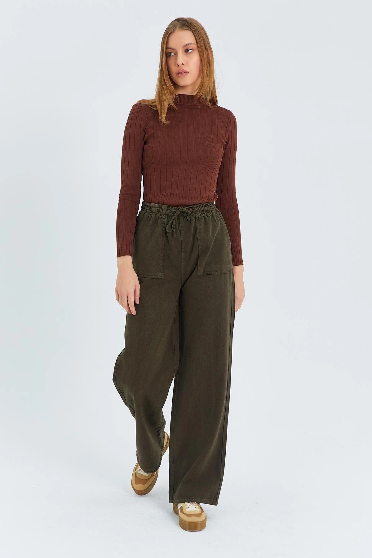 Kadın Kahverengi Yüksek Bel Beli Lastikli Bağcıklı Bol Paça Geniş Kesim Şık Cepli Premium Palazzo Pantolon