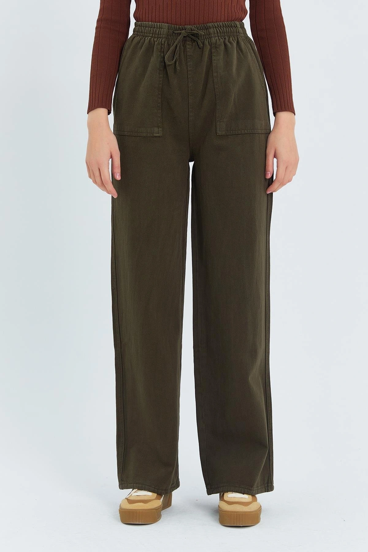 Kadın Kahverengi Yüksek Bel Beli Lastikli Bağcıklı Bol Paça Geniş Kesim Şık Cepli Premium Palazzo Pantolon