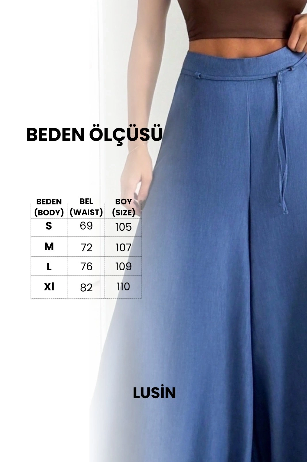 Kadın Mavi Bağcıklı Yüksek Bel Rahat Kesim Bol Paça Sofya Keten Pantolon