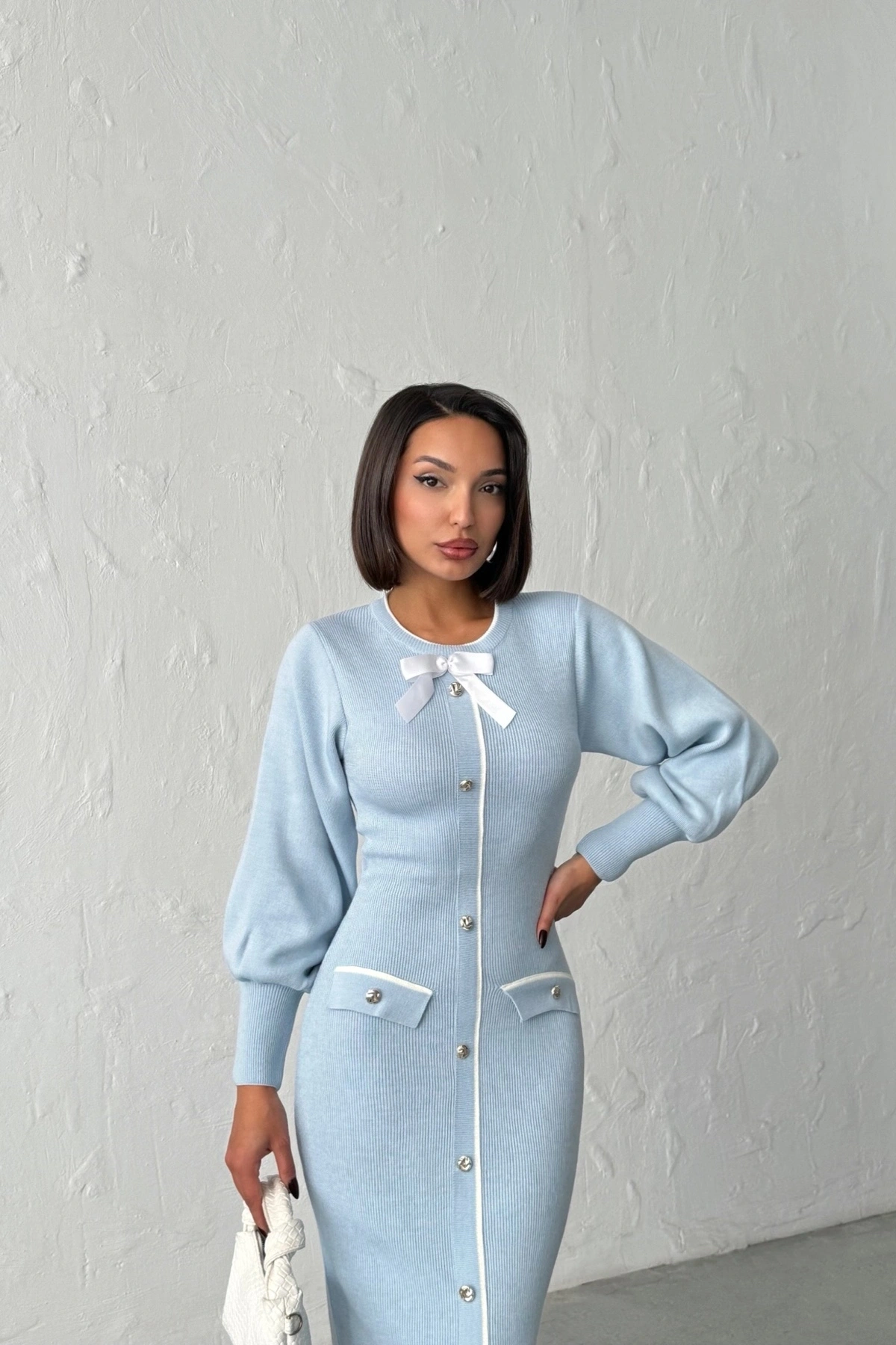 Kadın Mavi Şık Fiyonk Detaylı Balon Kol Triko Elbise