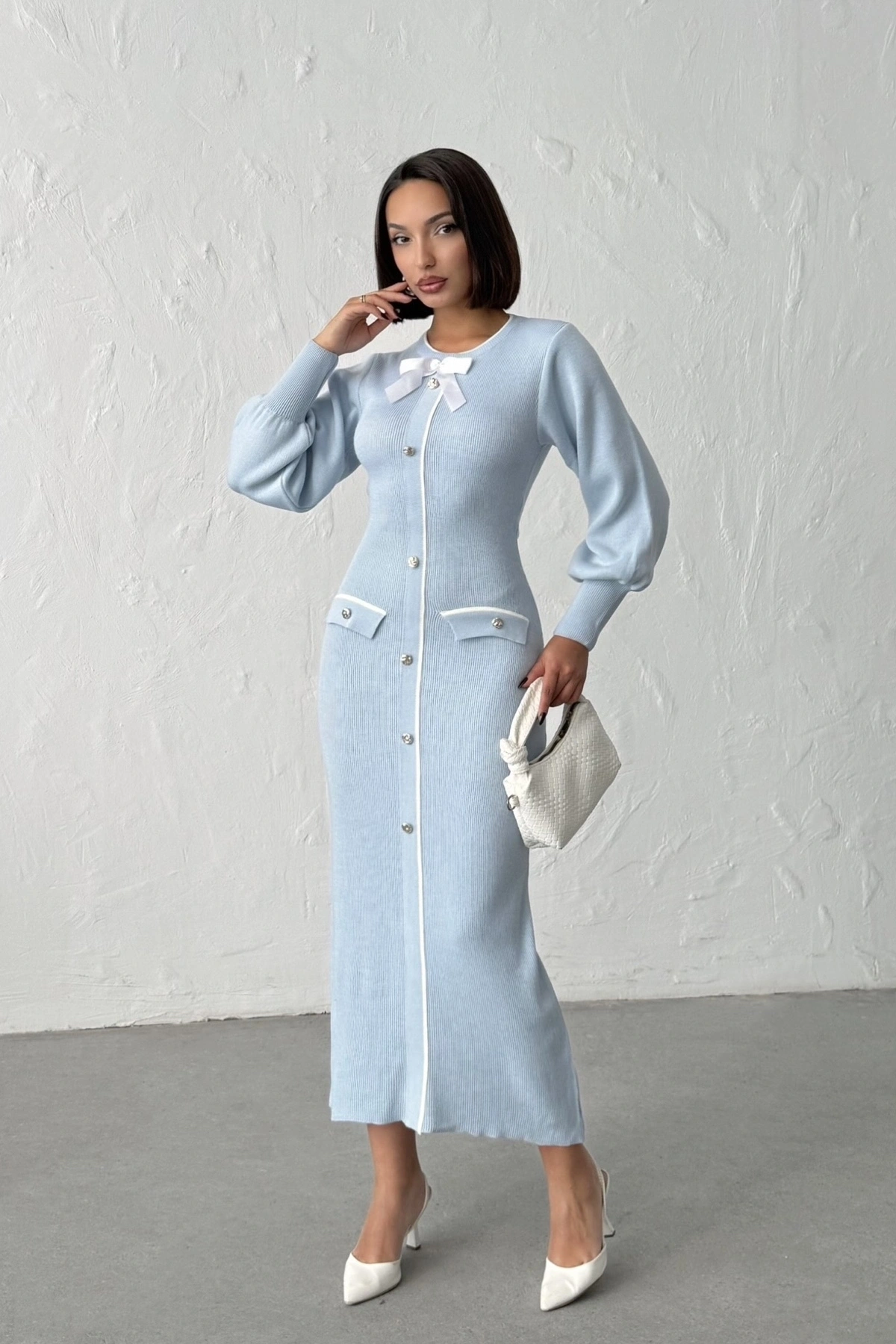 Kadın Mavi Şık Fiyonk Detaylı Balon Kol Triko Elbise