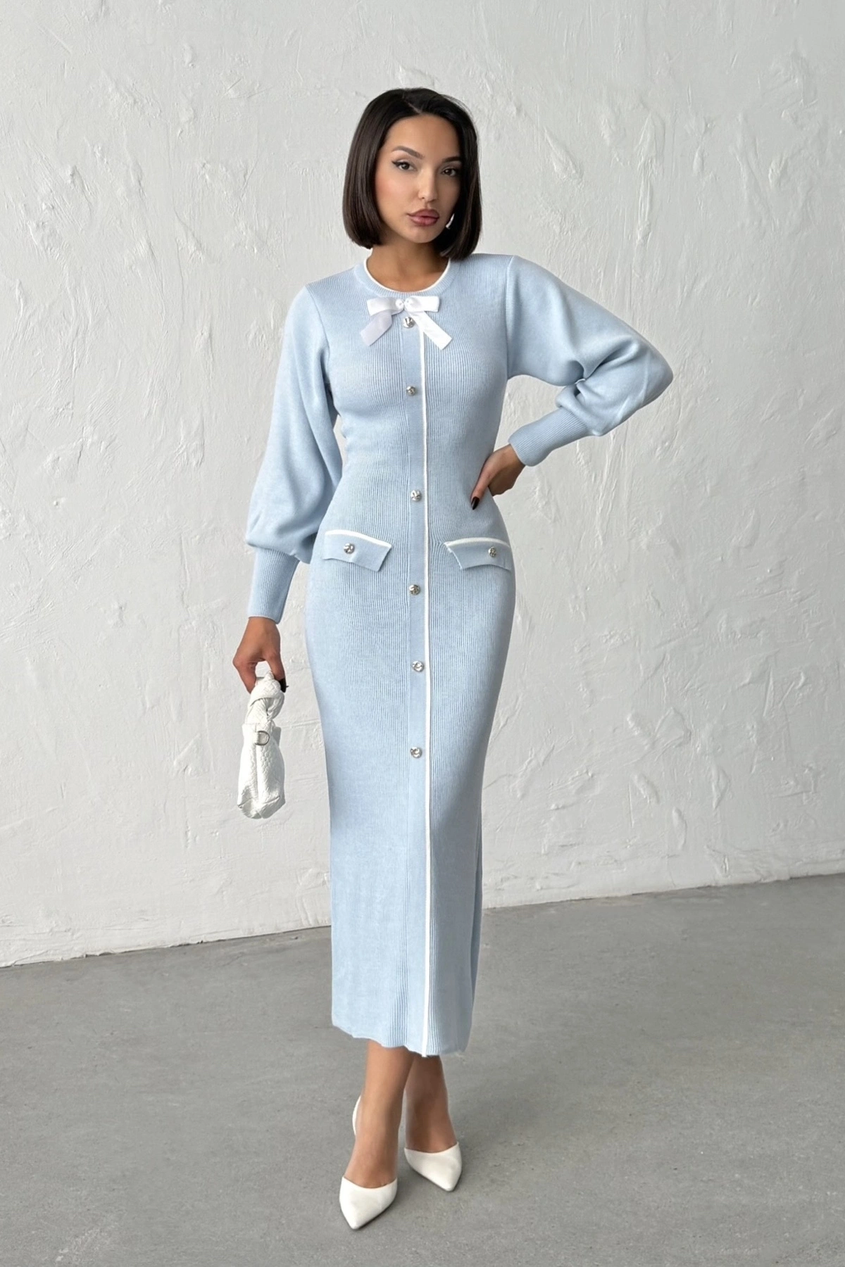 Kadın Mavi Şık Fiyonk Detaylı Balon Kol Triko Elbise