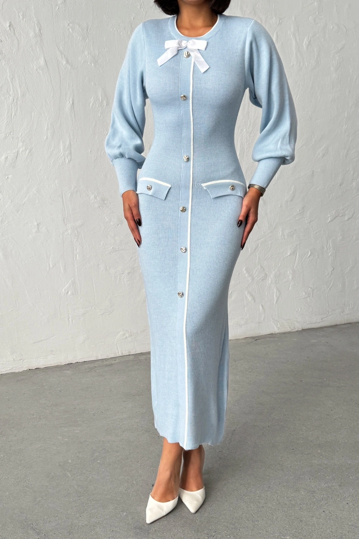 Kadın Mavi Şık Fiyonk Detaylı Balon Kol Triko Elbise