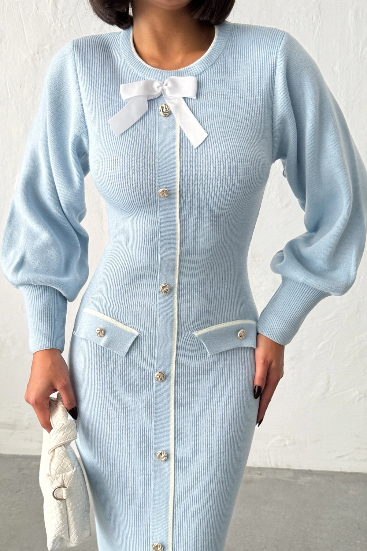 Kadın Mavi Şık Fiyonk Detaylı Balon Kol Triko Elbise