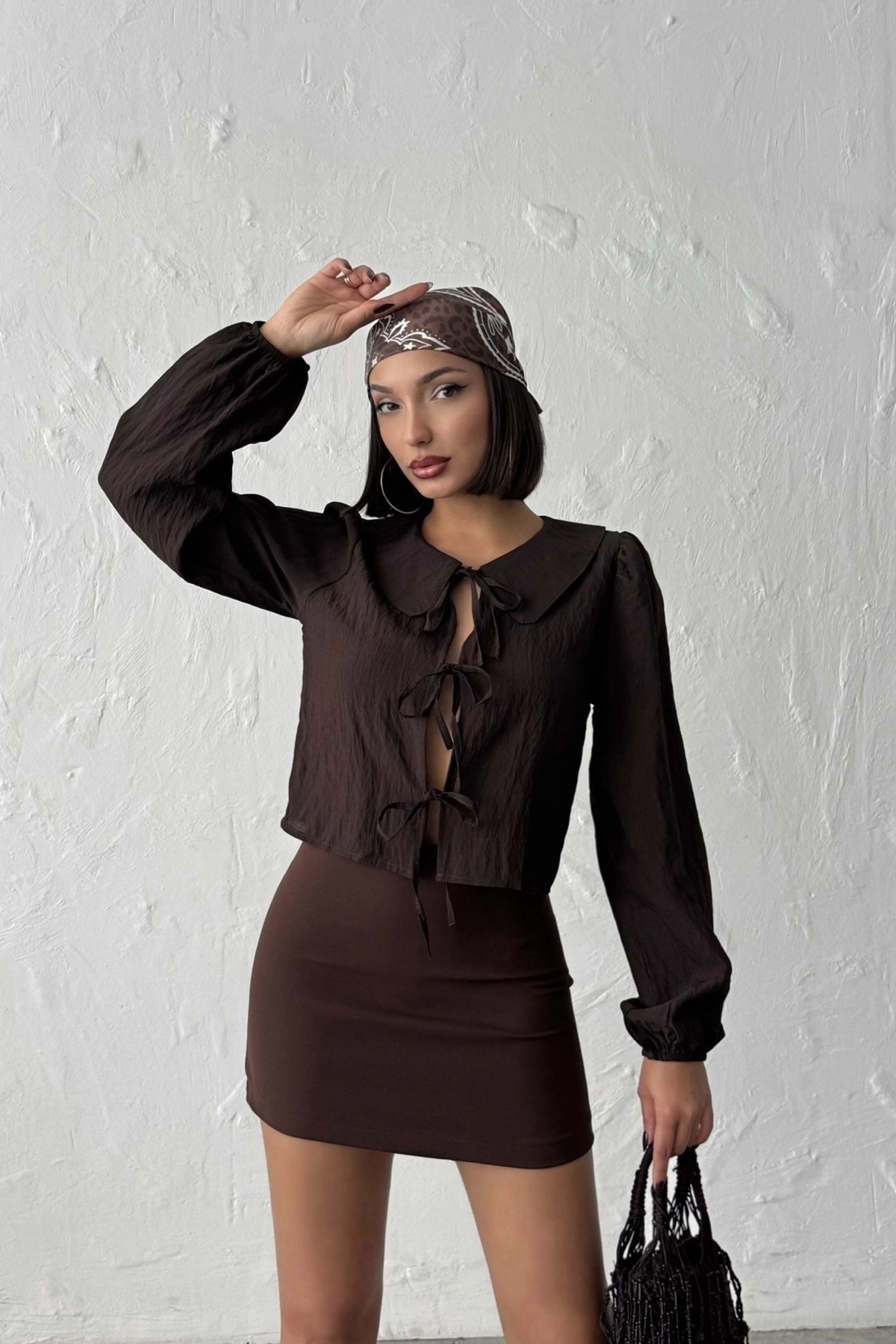 Kadın Acı Kahverengi Bağlamalı Önü Açık Büyük Yaka Balon Kol Mevsimlik Yazlık Gömlek Bluz