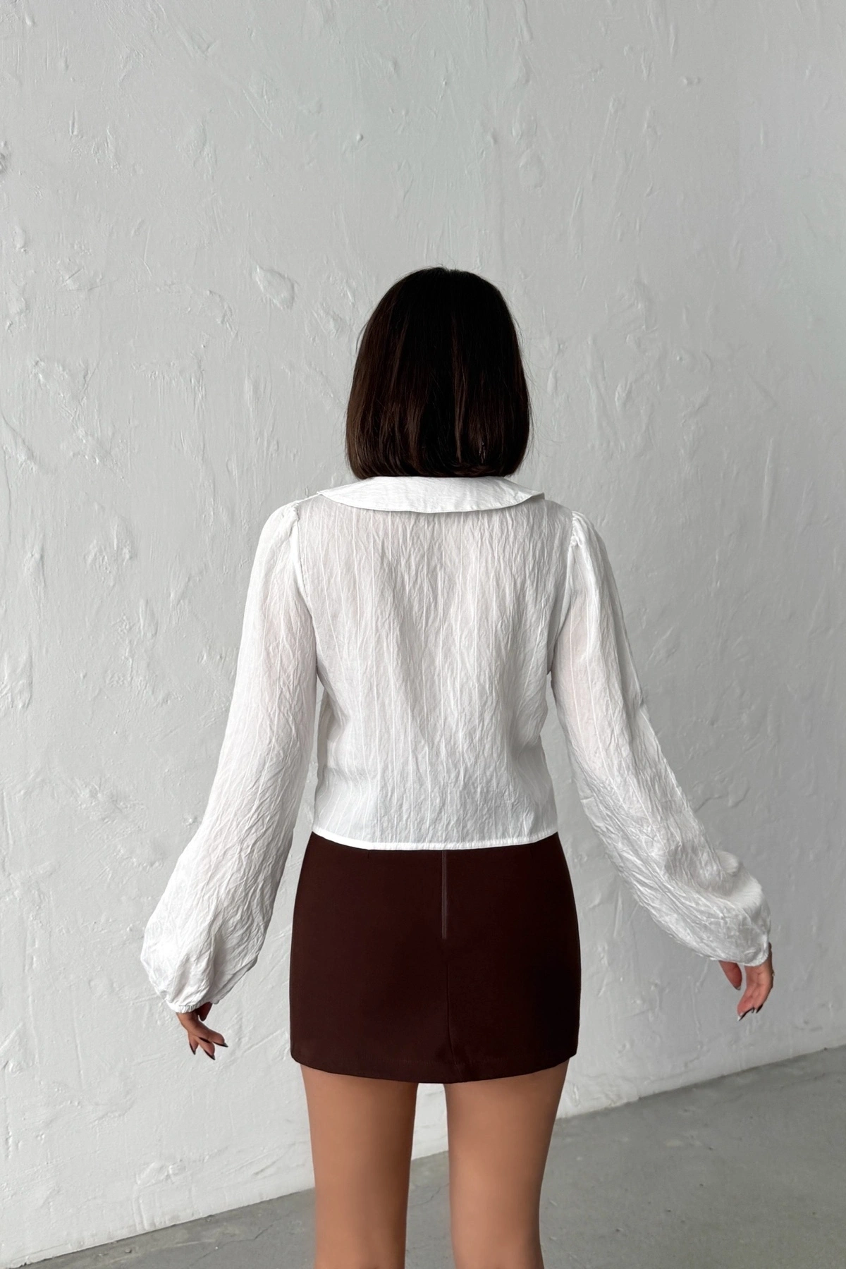 Kadın Beyaz Bağlamalı Önü Açık Büyük Yaka Balon Kol Mevsimlik Yazlık Gömlek Bluz