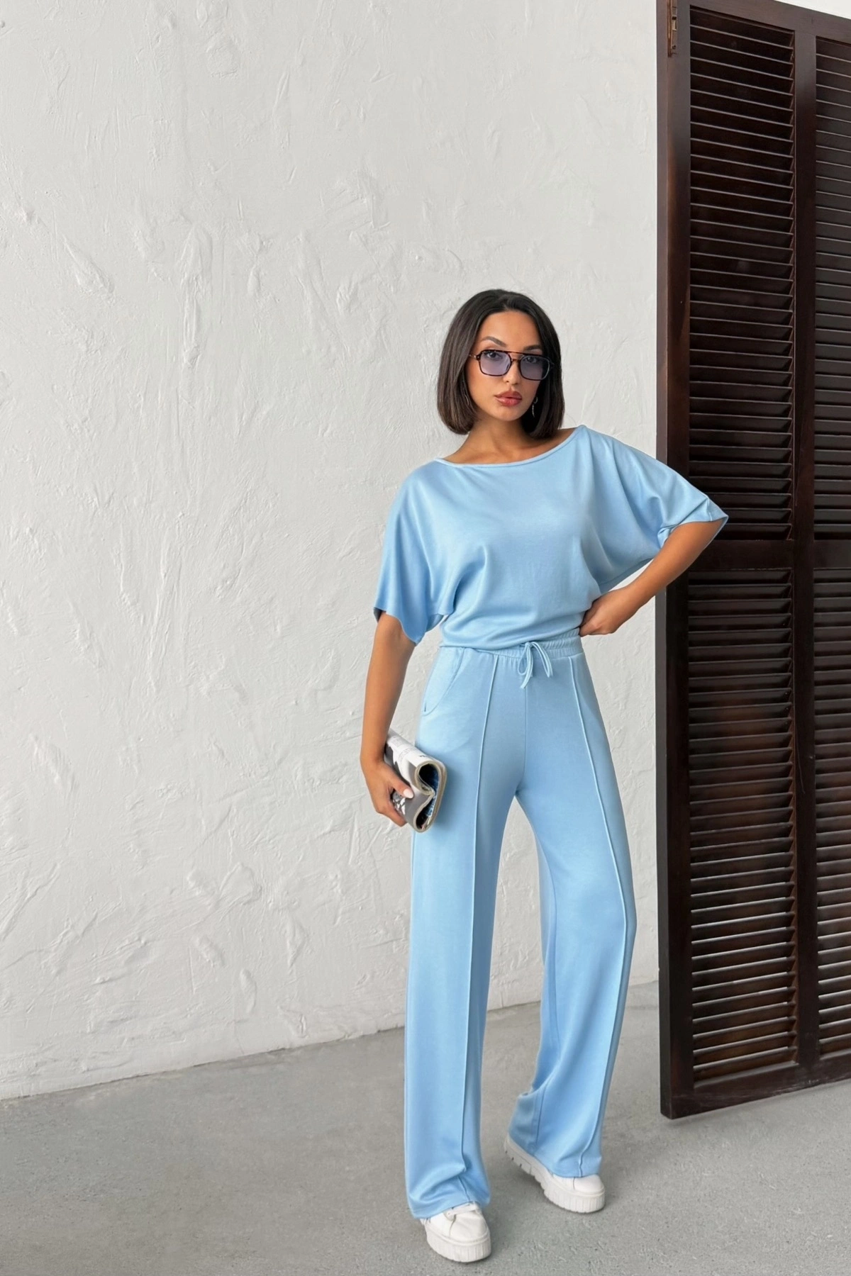 Kadın Yaz Mavisi Yumuşacık Yarasa Kol Bluzlu Beli Bağcıklı Geniş Paça İkili Takım