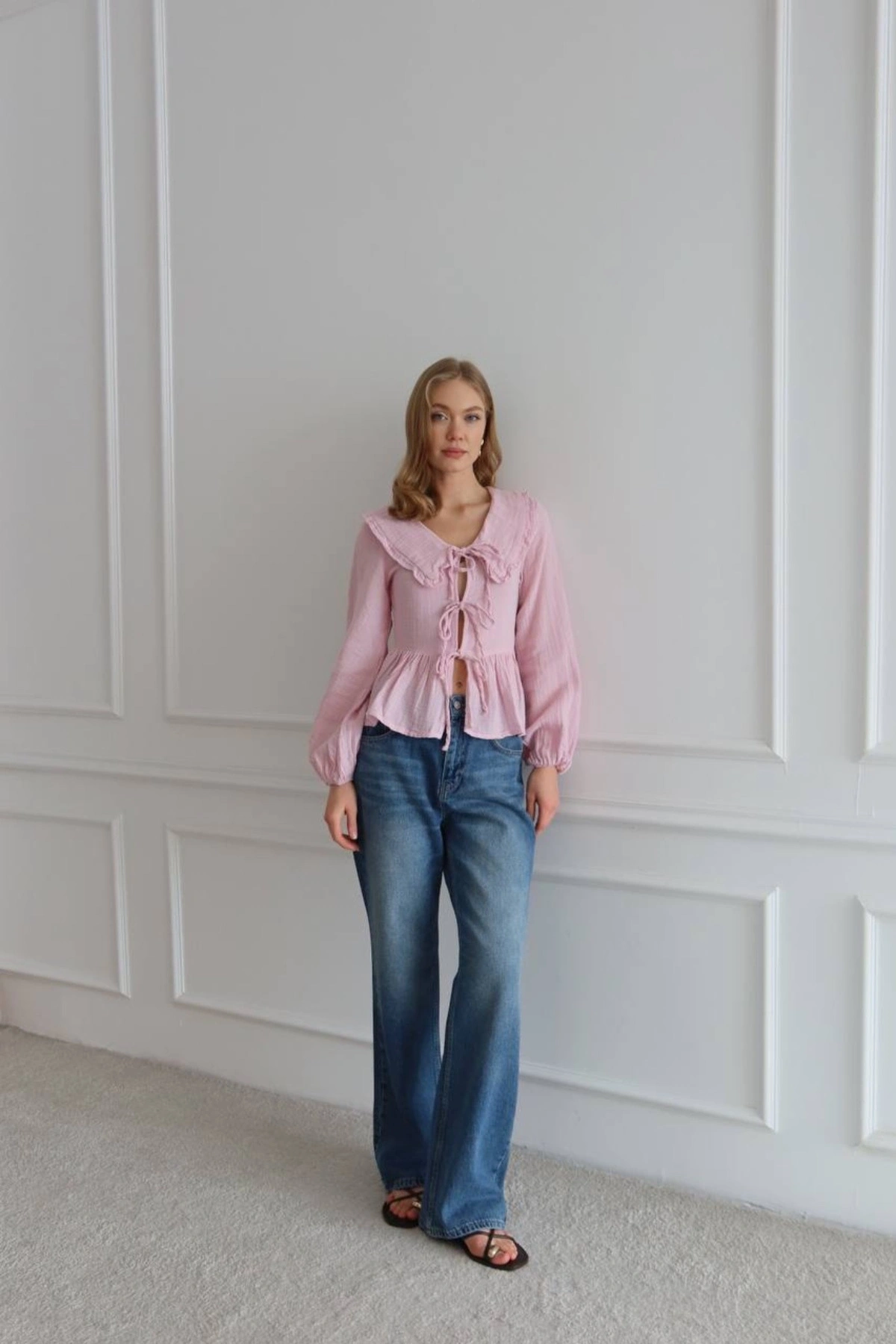 Kadın Şeker Pembe Bohem Tarz Önden Bağlamalı Bebe Yaka Uzun Kol Müslin Bluz