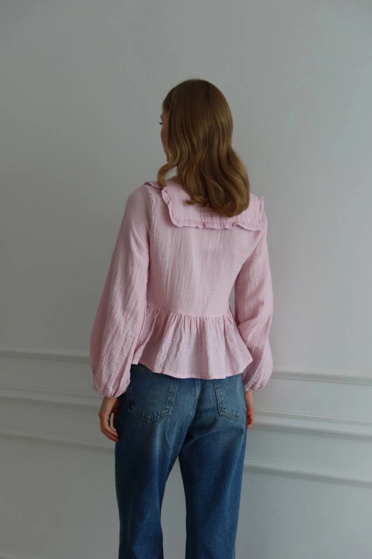 Kadın Şeker Pembe Bohem Tarz Önden Bağlamalı Bebe Yaka Uzun Kol Müslin Bluz