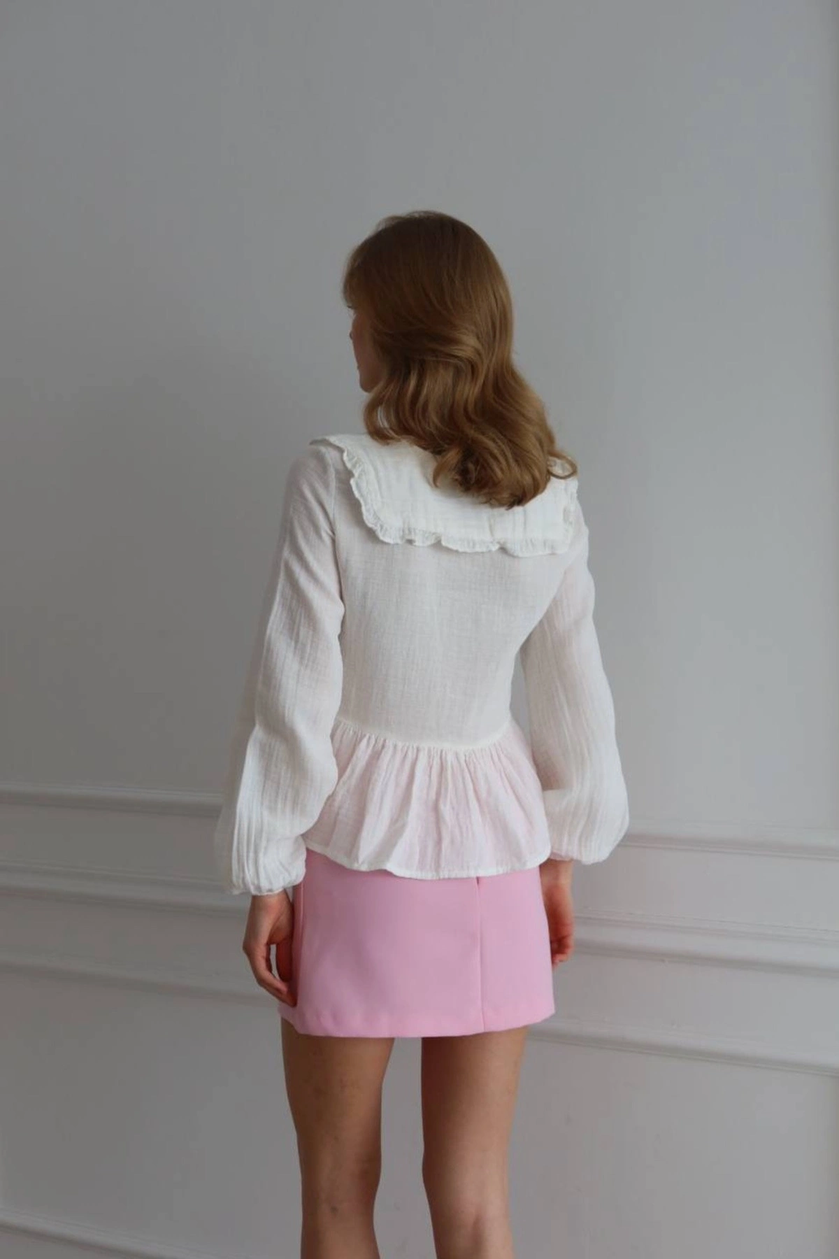 Kadın Ekru Bohem Tarz Önden Bağlamalı Bebe Yaka Uzun Kol Müslin Bluz