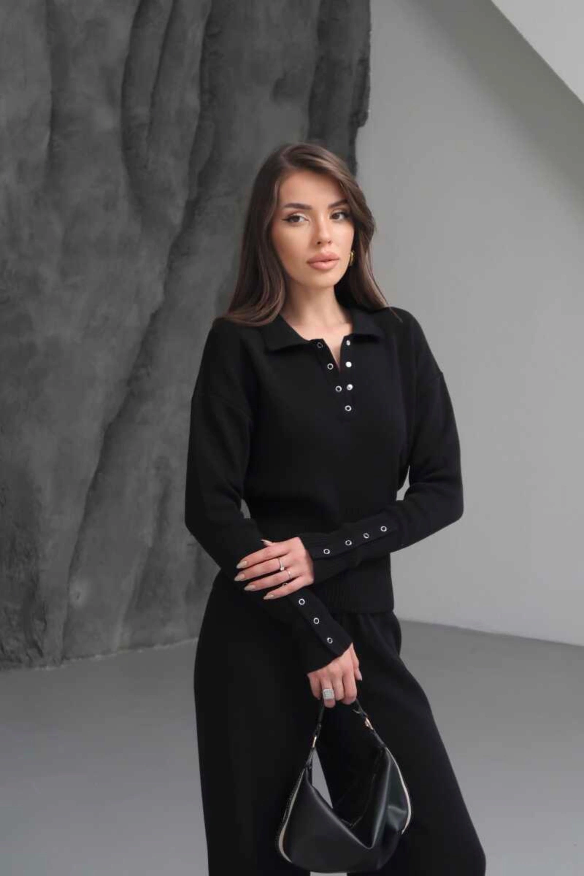 Kadın Siyah Cıtcıt Detaylı Polo Yaka Bluz Geniş Paça Pantolon Alt Üst İkili Triko Takım