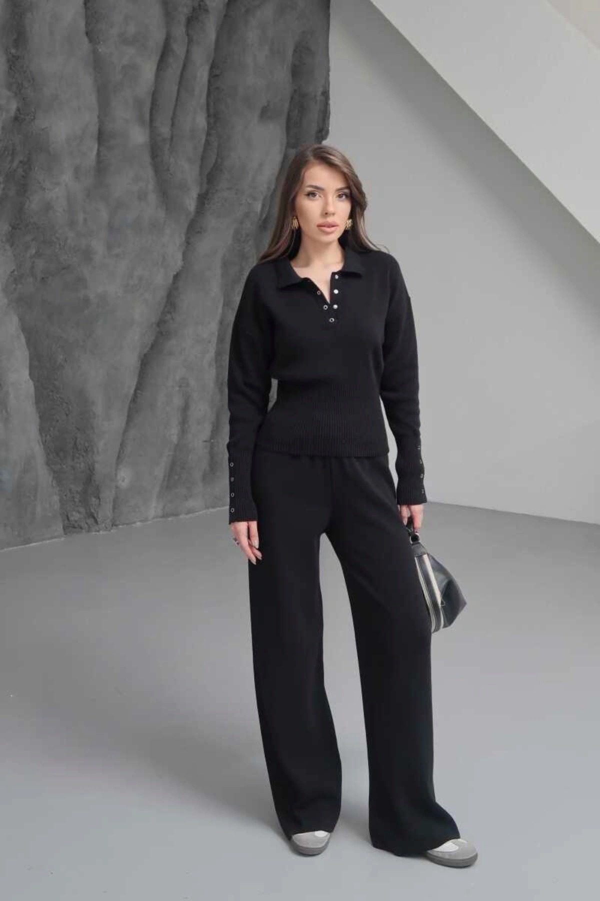 Kadın Siyah Cıtcıt Detaylı Polo Yaka Bluz Geniş Paça Pantolon Alt Üst İkili Triko Takım