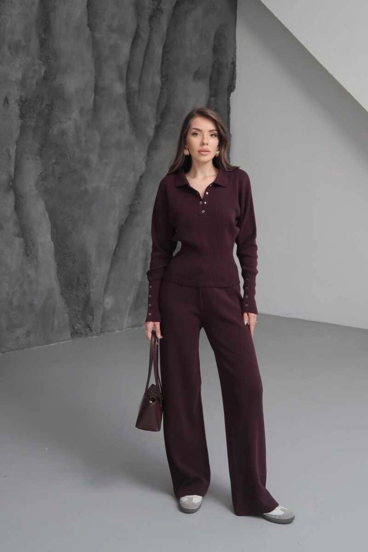 Kadın Acı Kahverengi Cıtcıt Detaylı Polo Yaka Bluz Geniş Paça Pantolon Alt Üst İkili Triko Takım