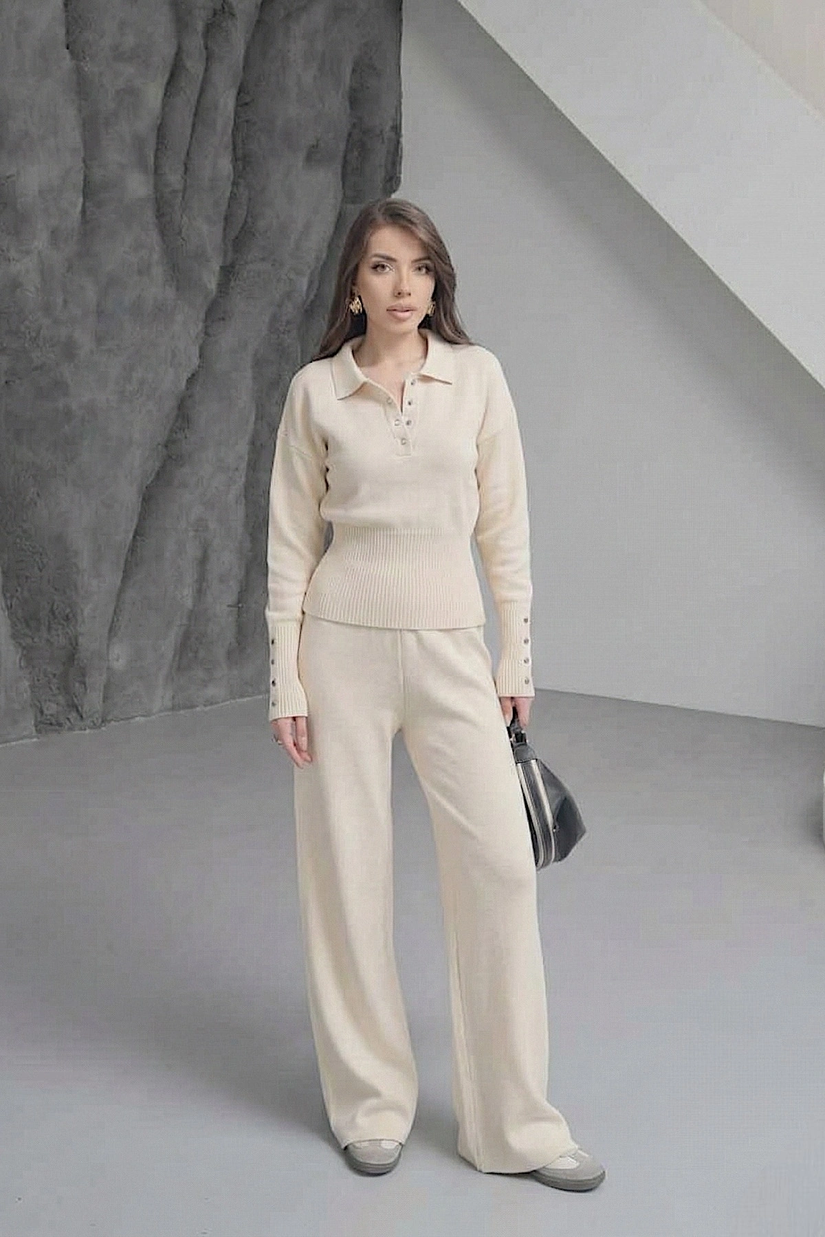 Kadın Bej  Cıtcıt Detaylı Polo Yaka Bluz Geniş Paça Pantolon Alt Üst İkili Triko Takım
