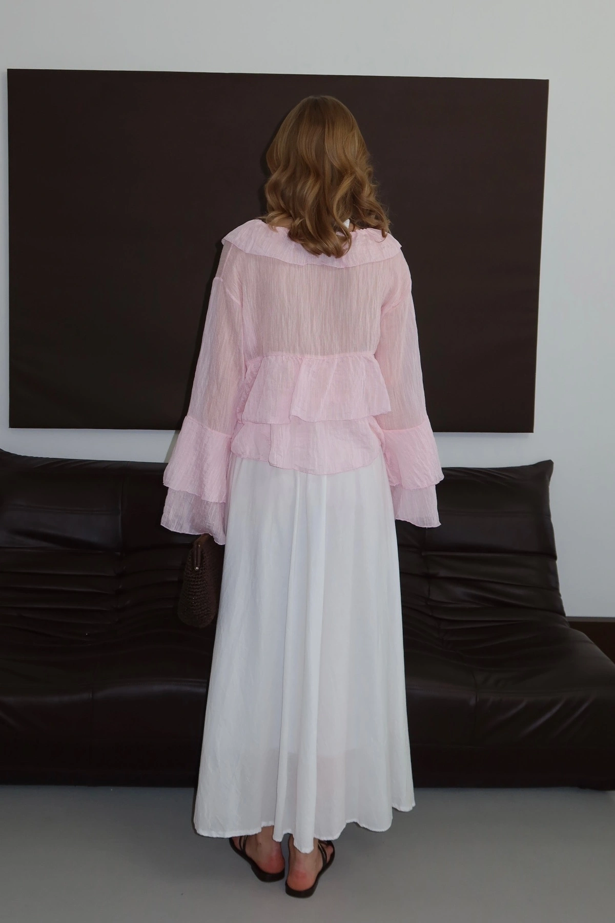 Kadın Pembe Fırfır Detaylı Transparan Bluz