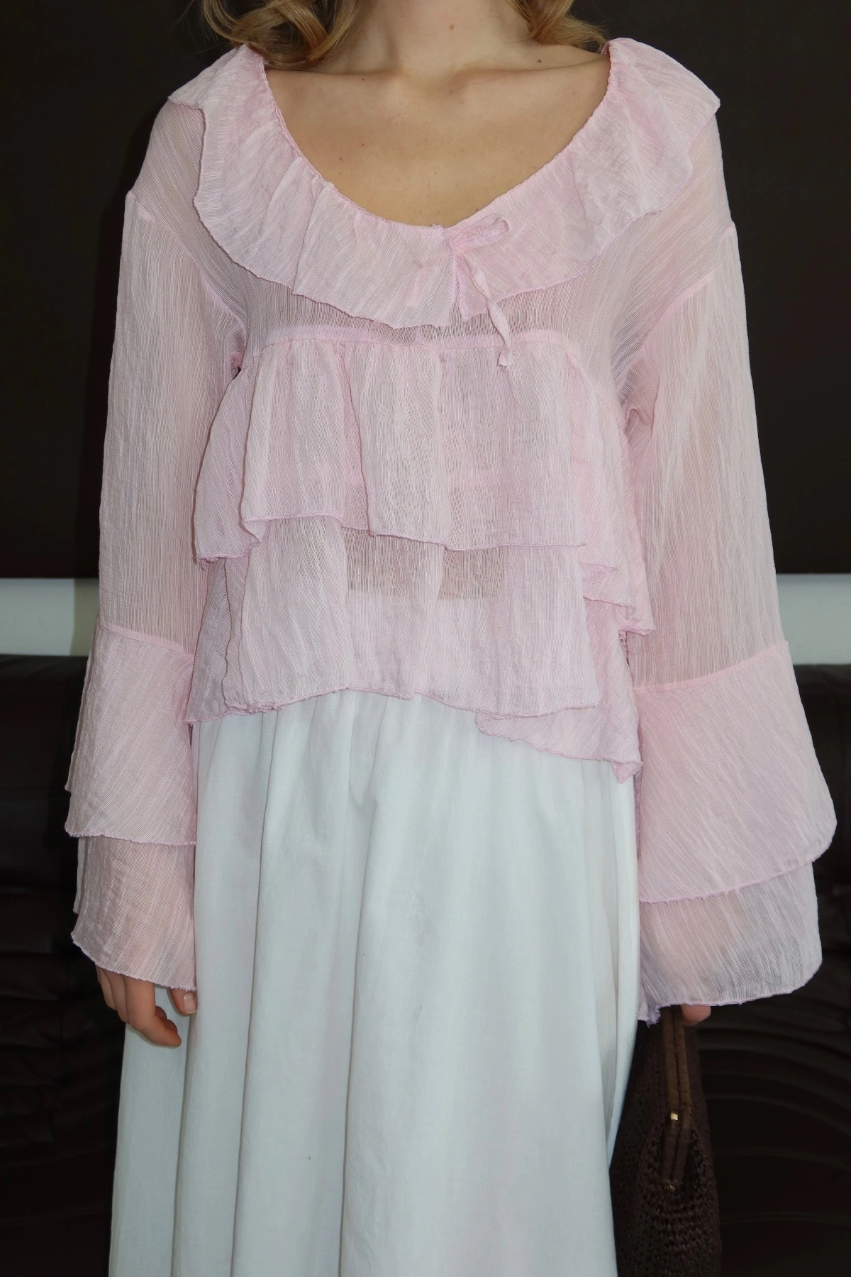 Kadın Pembe Fırfır Detaylı Transparan Bluz