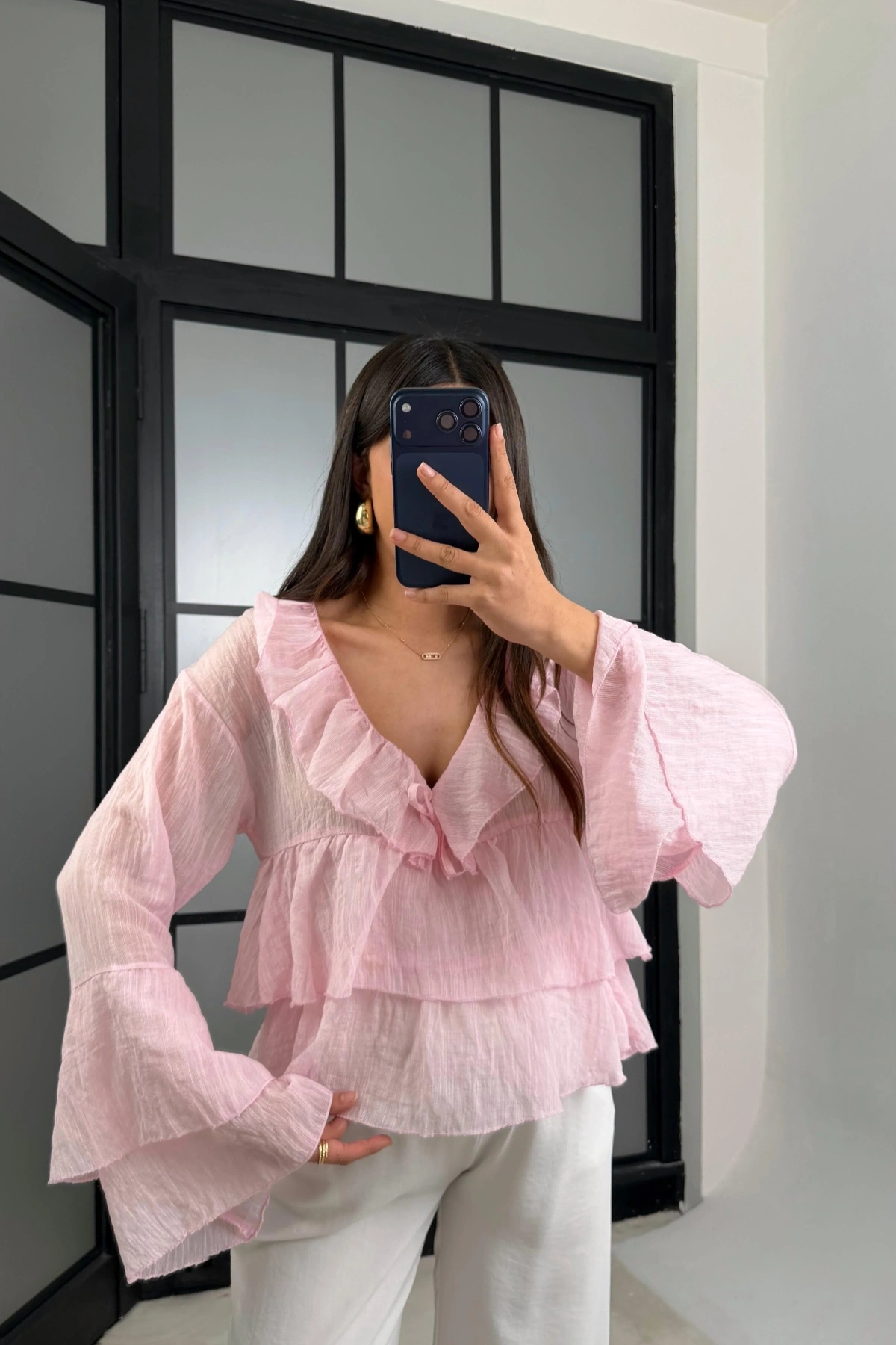 Kadın Pembe Fırfır Detaylı Transparan Bluz