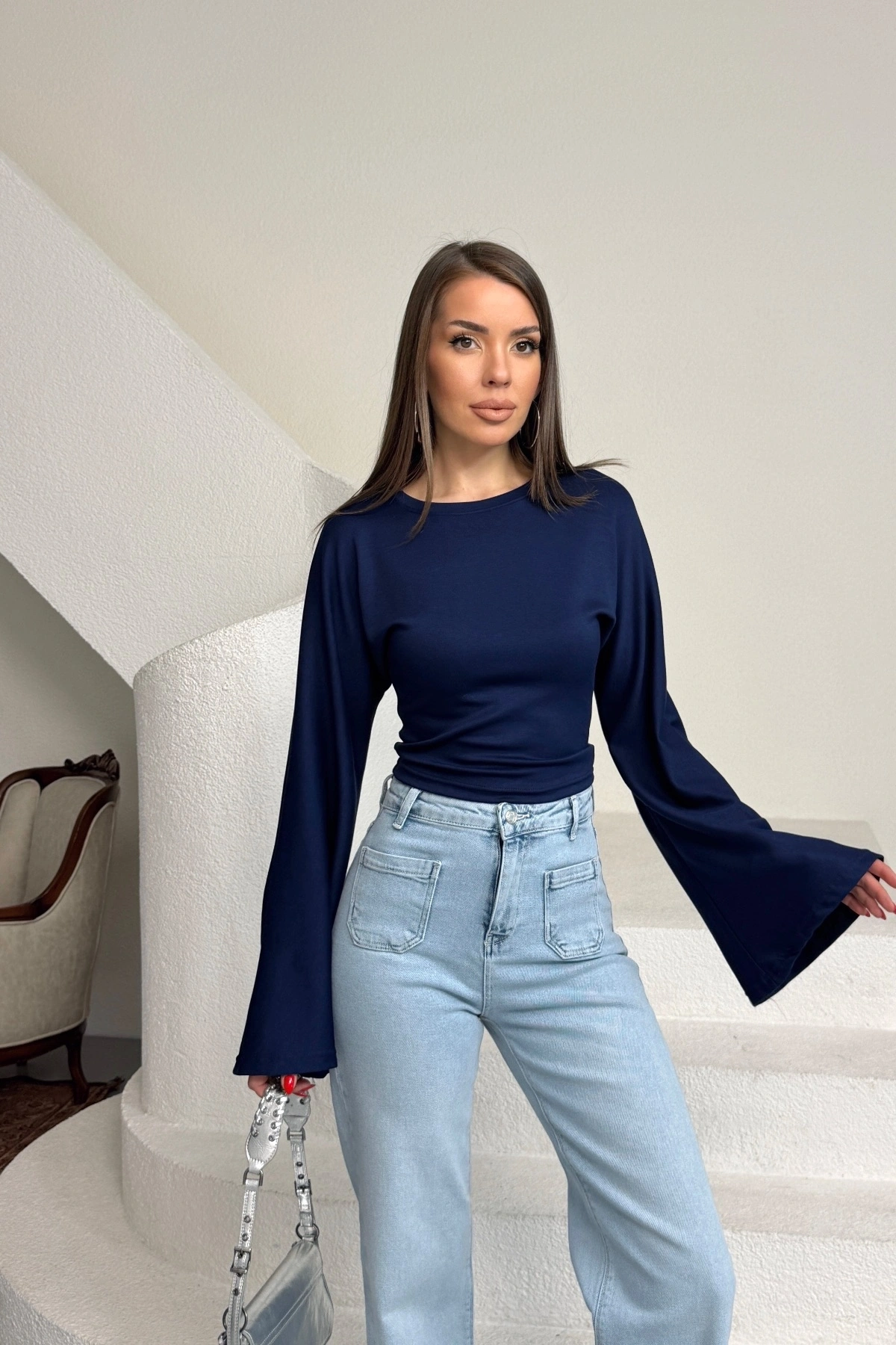 Kadın Lacivert Bisiklet Yaka Uzun İspanyol Kol Yumuşacık Body Bluz