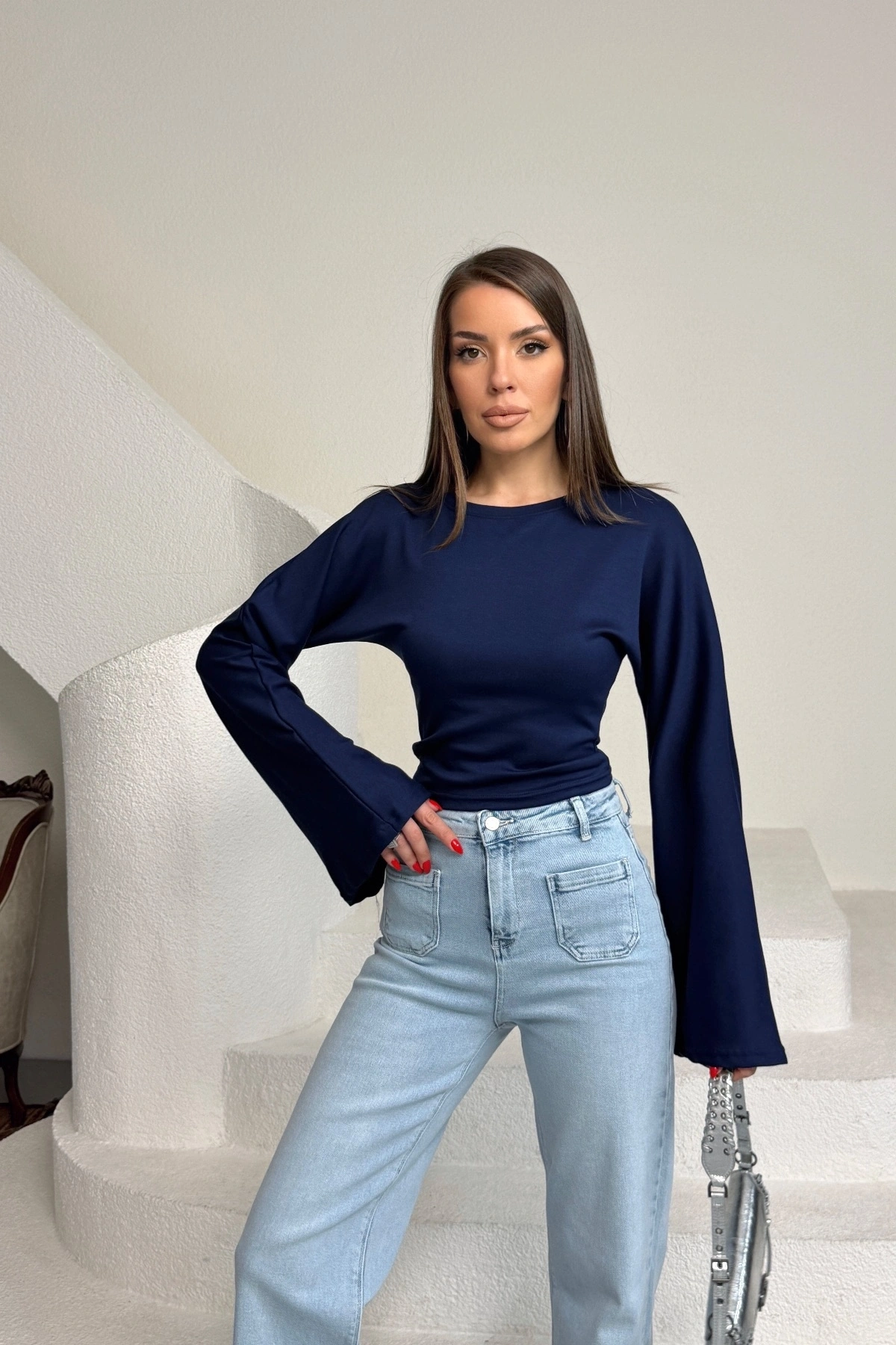 Kadın Lacivert Bisiklet Yaka Uzun İspanyol Kol Yumuşacık Body Bluz