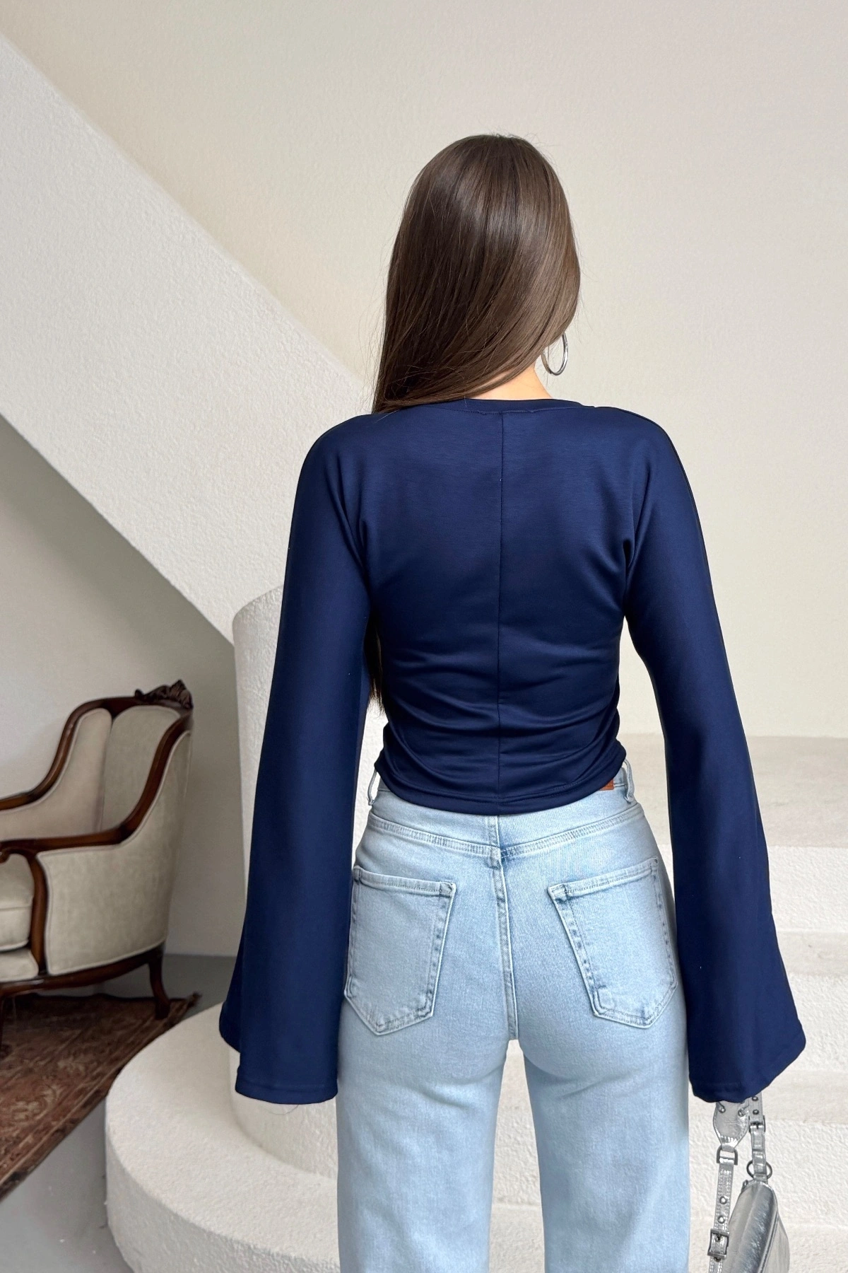 Kadın Lacivert Bisiklet Yaka Uzun İspanyol Kol Yumuşacık Body Bluz