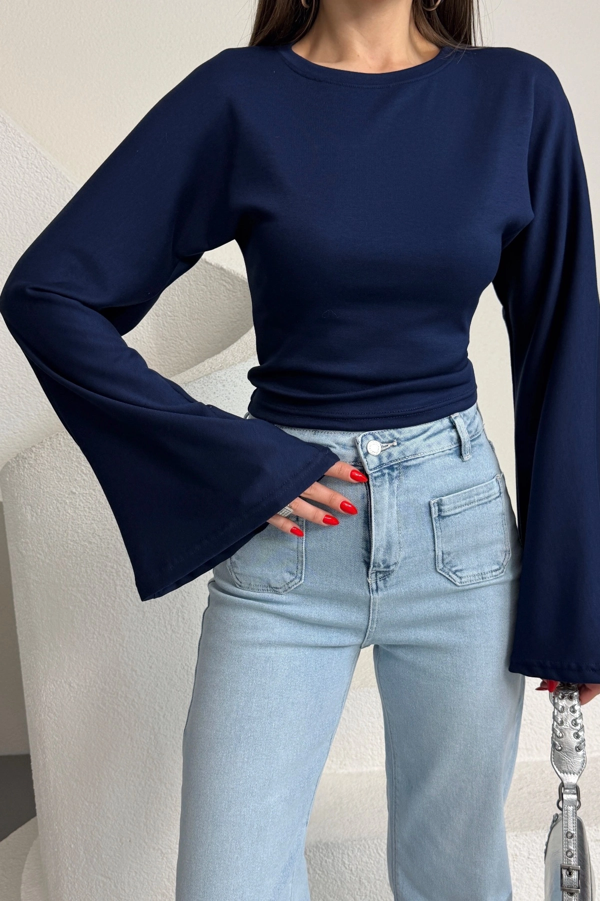Kadın Lacivert Bisiklet Yaka Uzun İspanyol Kol Yumuşacık Body Bluz
