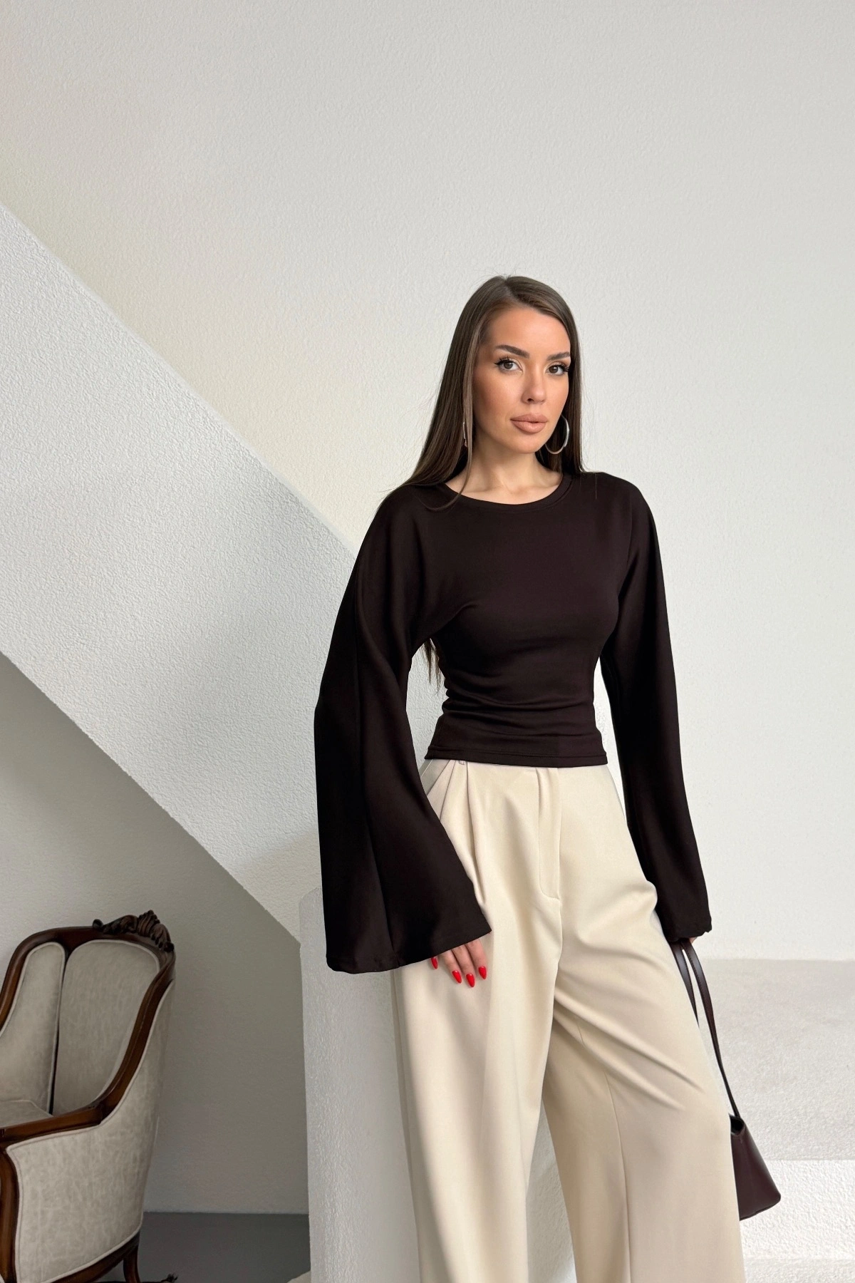 Kadın Siyah Bisiklet Yaka Uzun İspanyol Kol Yumuşacık Body Bluz