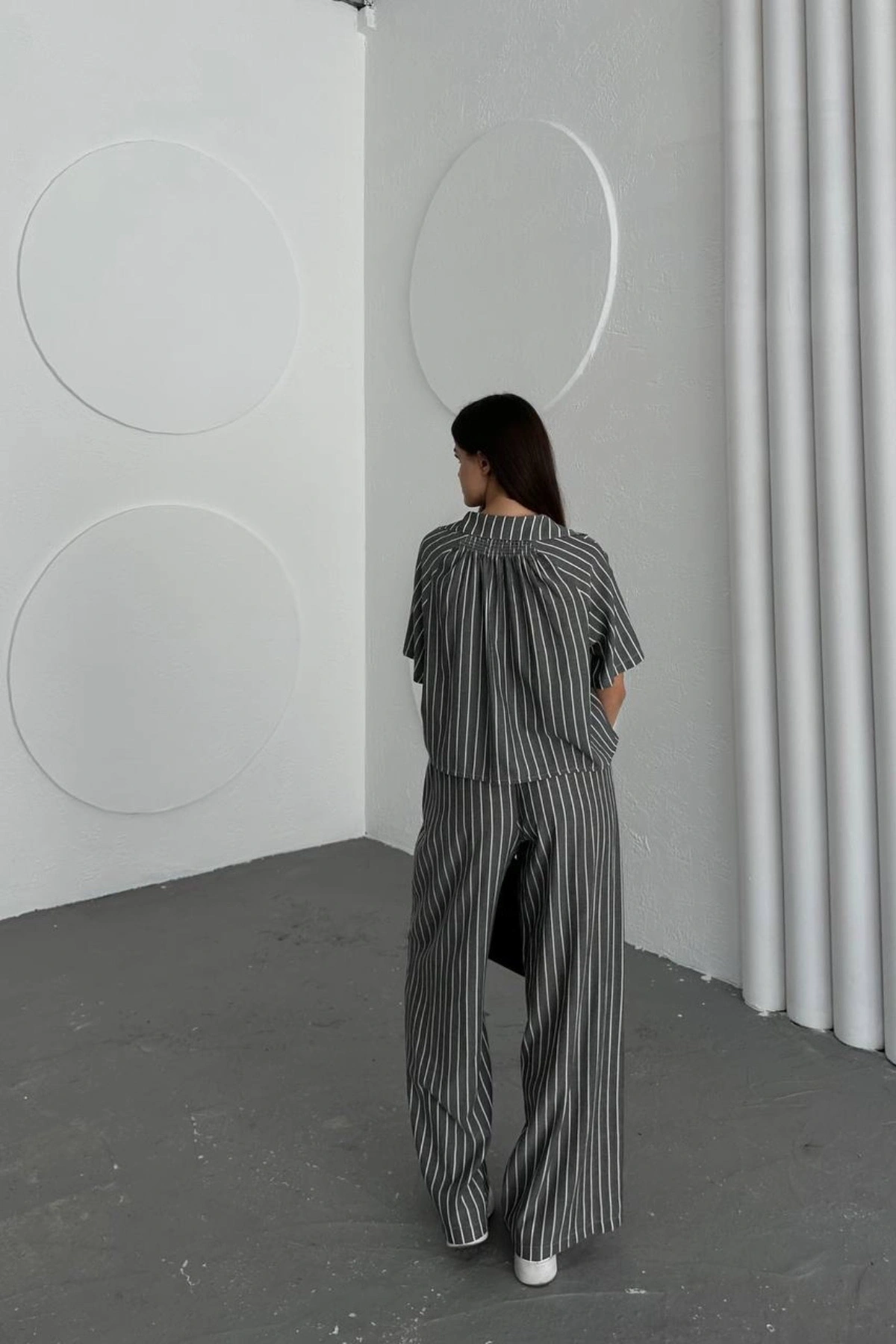 Kadın Çizgili Gipeli Gömlek Geniş Paça Pantolon İkili Takım