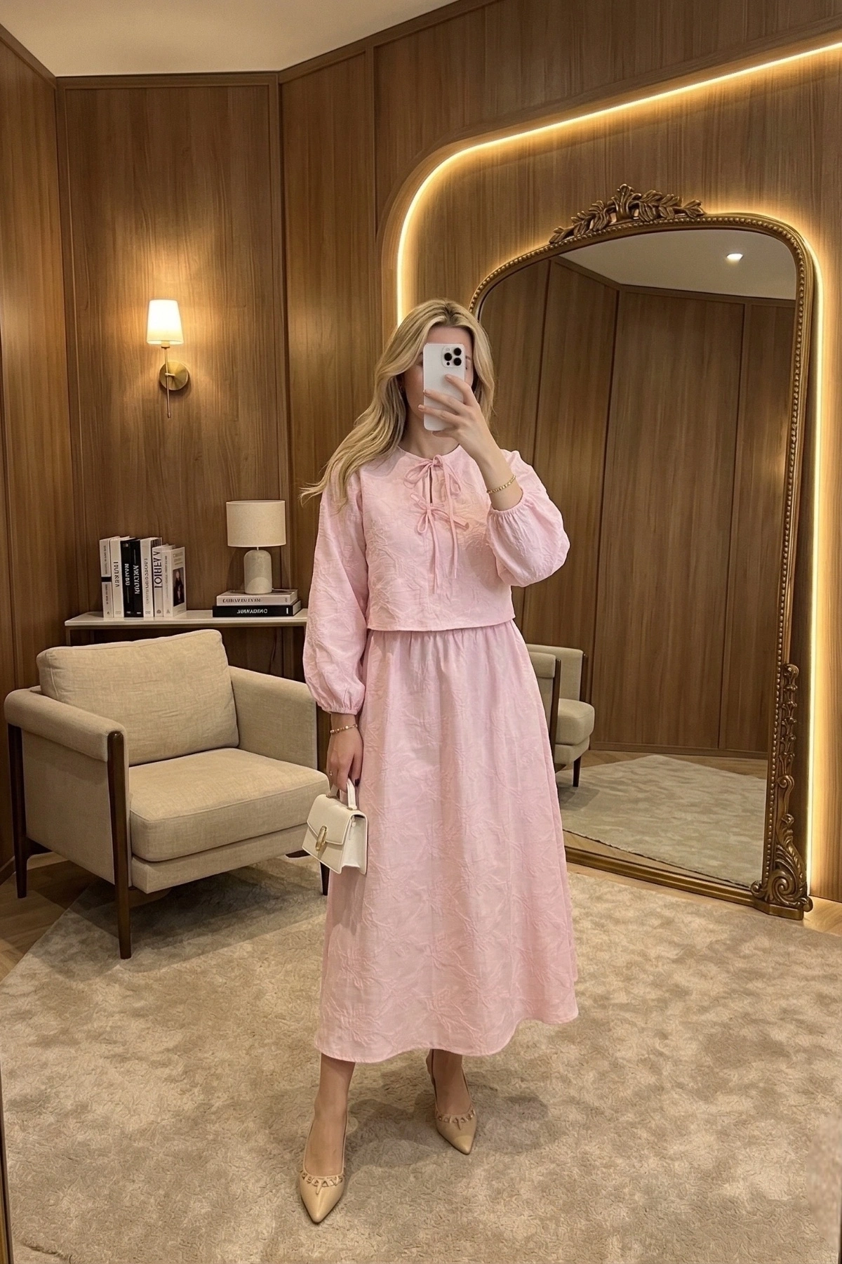 Kadın Şeker Pembe Çiçek Nakışlı Gömlek Beli Lastikli Astarlı Etek Bluz İkili Takım