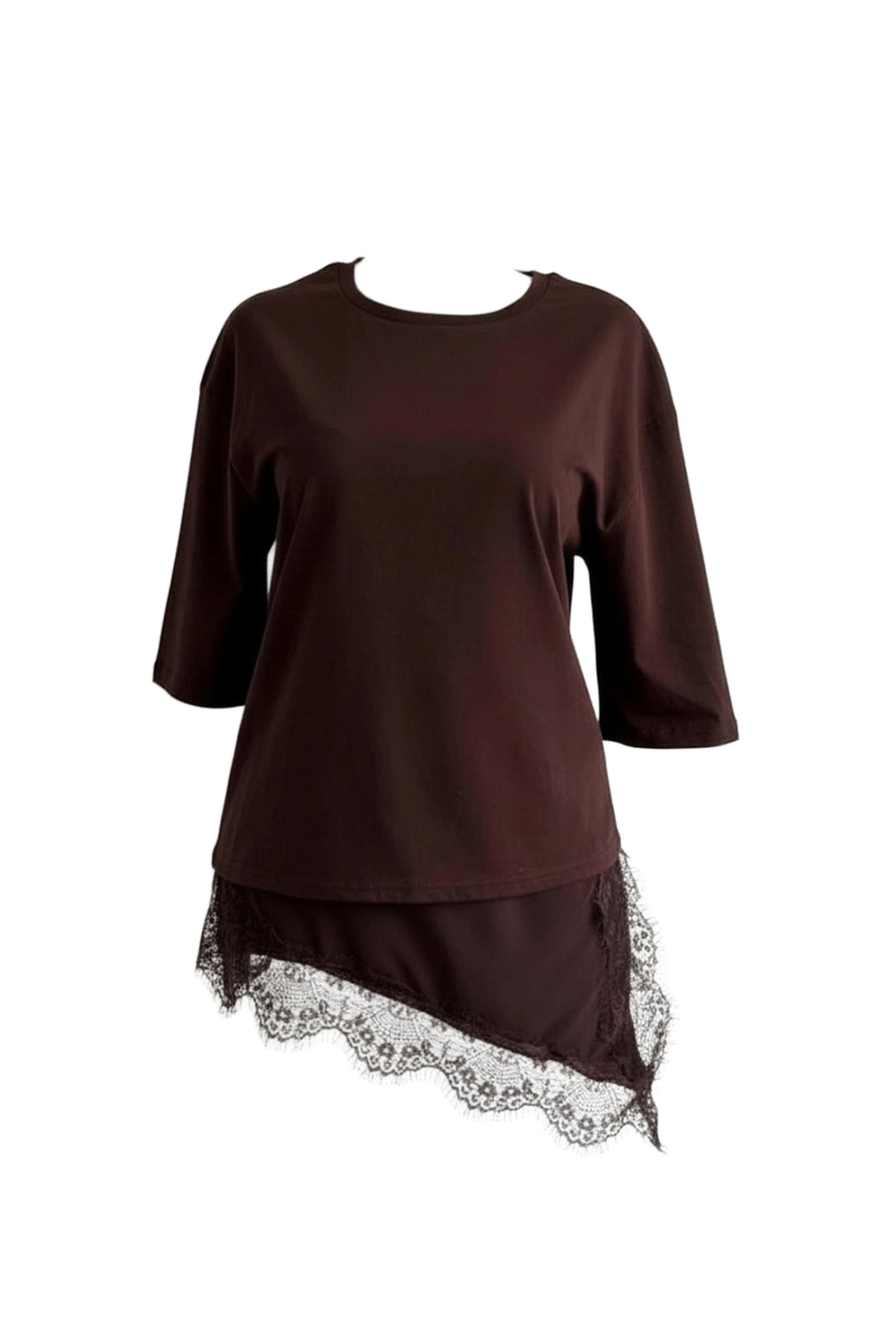 Kadın Kahverengi Asimetrik Kesim Şık Dantel Detaylı Salaş Oversize Tişört