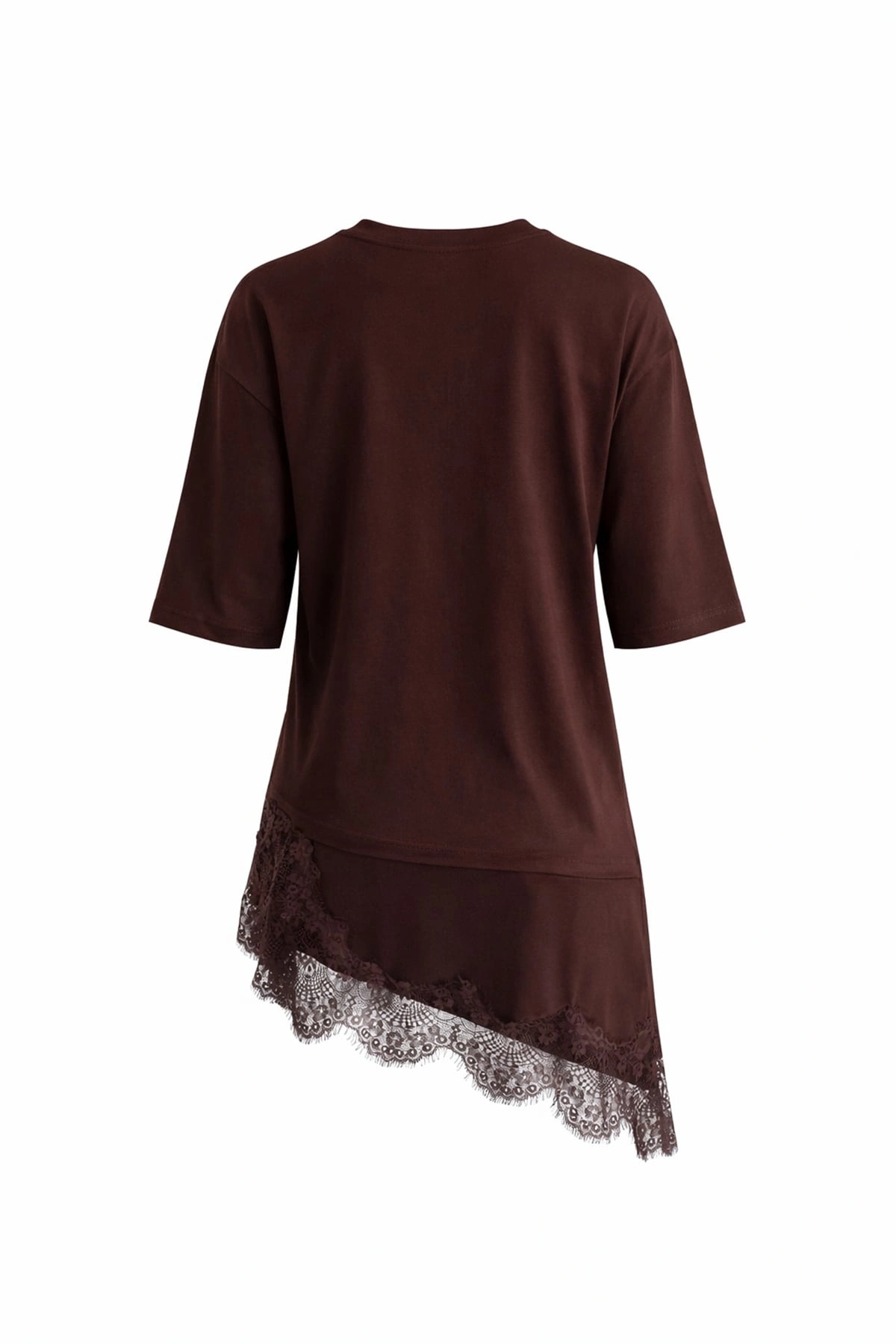 Kadın Kahverengi Asimetrik Kesim Şık Dantel Detaylı Salaş Oversize Tişört