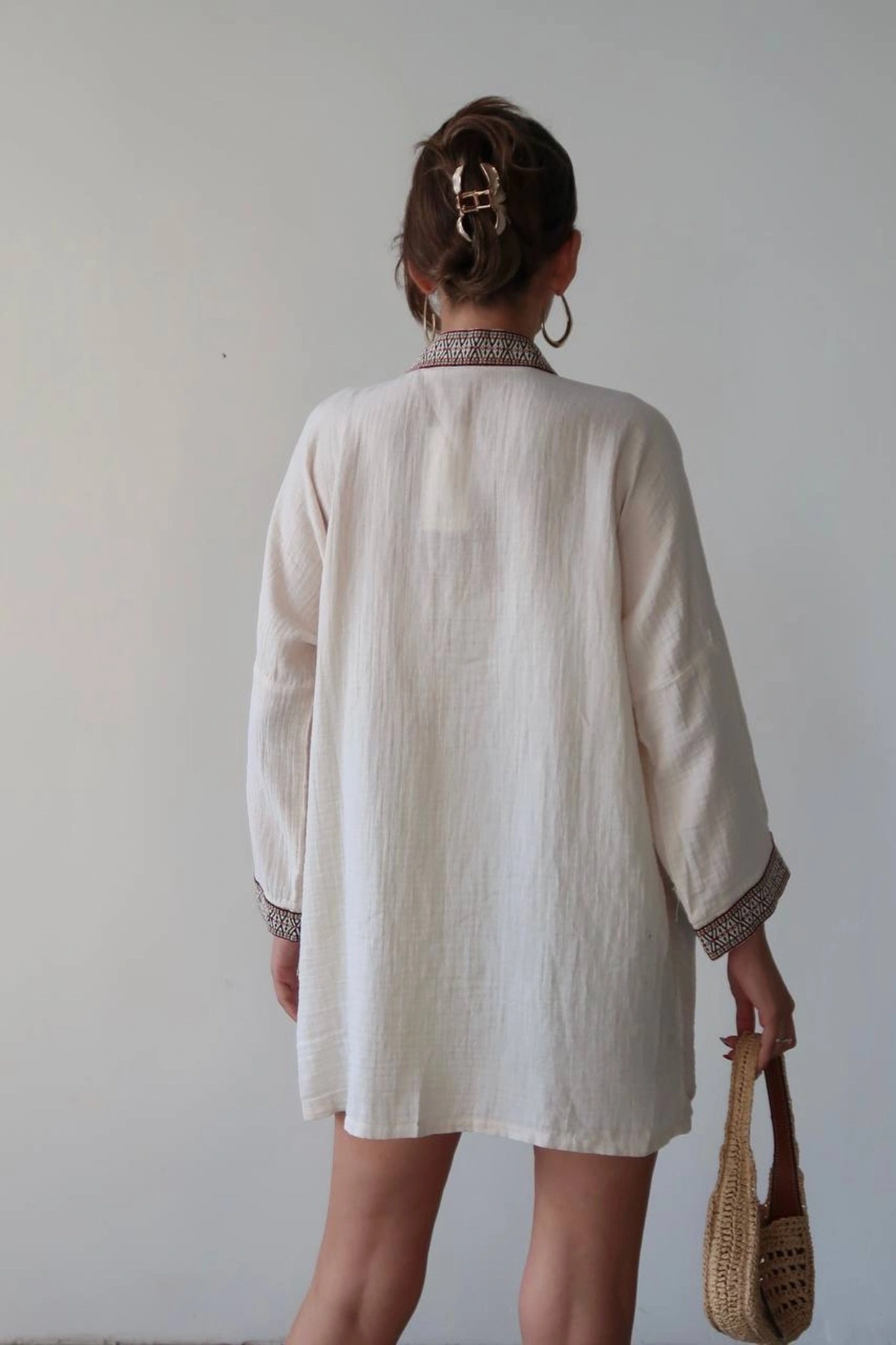 Kadın Ekru Nakışlı Bohem Stil Premium Kalite Kimono Hırka