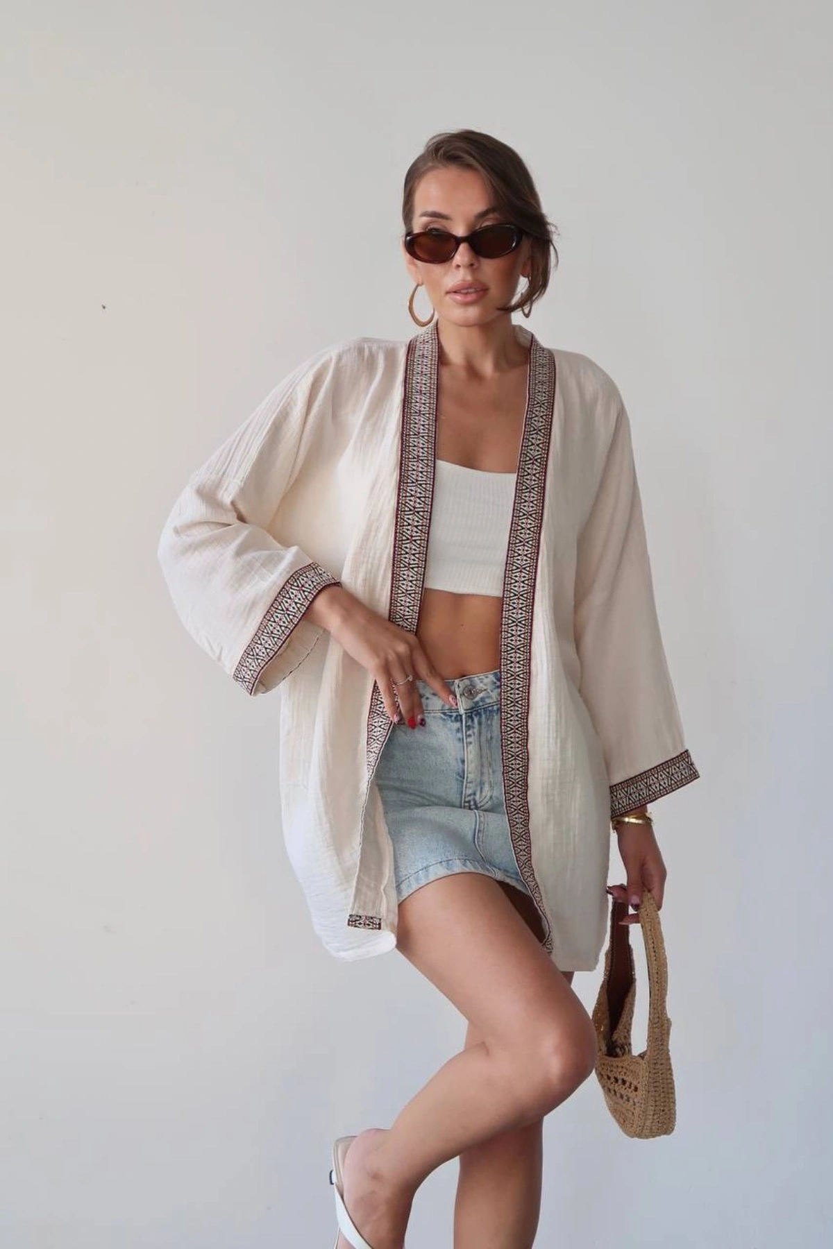 Kadın Ekru Nakışlı Bohem Stil Premium Kalite Kimono Hırka