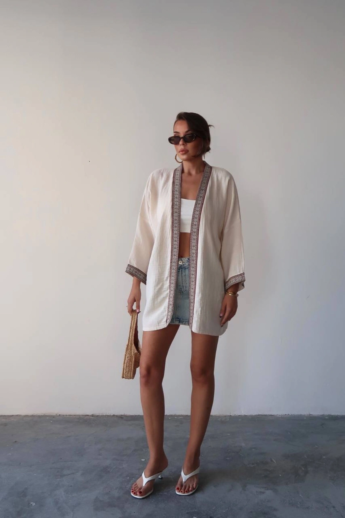 Kadın Ekru Nakışlı Bohem Stil Premium Kalite Kimono Hırka