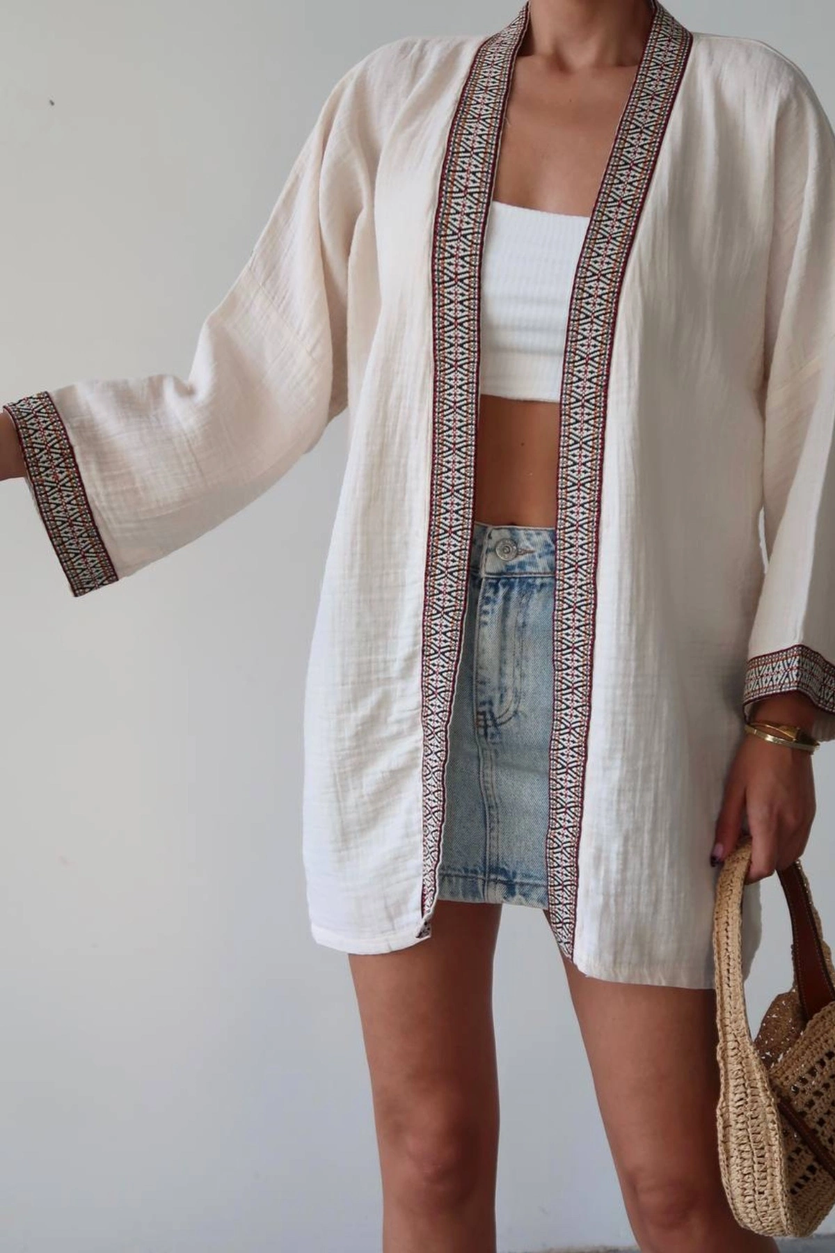 Kadın Ekru Nakışlı Bohem Stil Premium Kalite Kimono Hırka