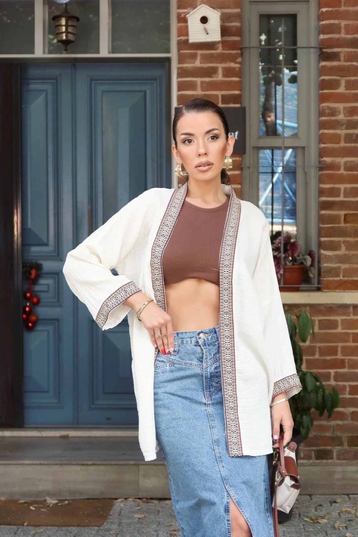 Kadın Ekru Nakışlı Bohem Stil Premium Kalite Kimono Hırka