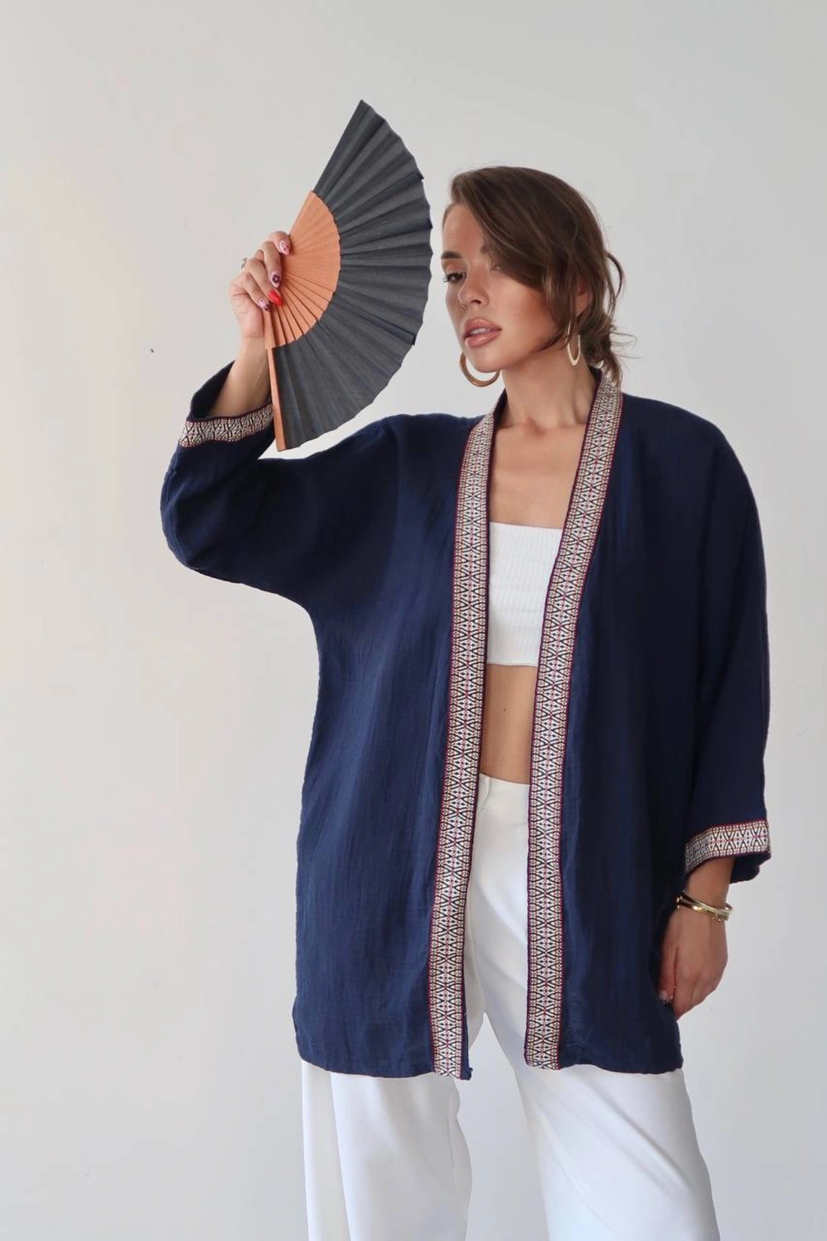 Kadın Lacivert Nakışlı Bohem Stil Premium Kalite Kimono Hırka