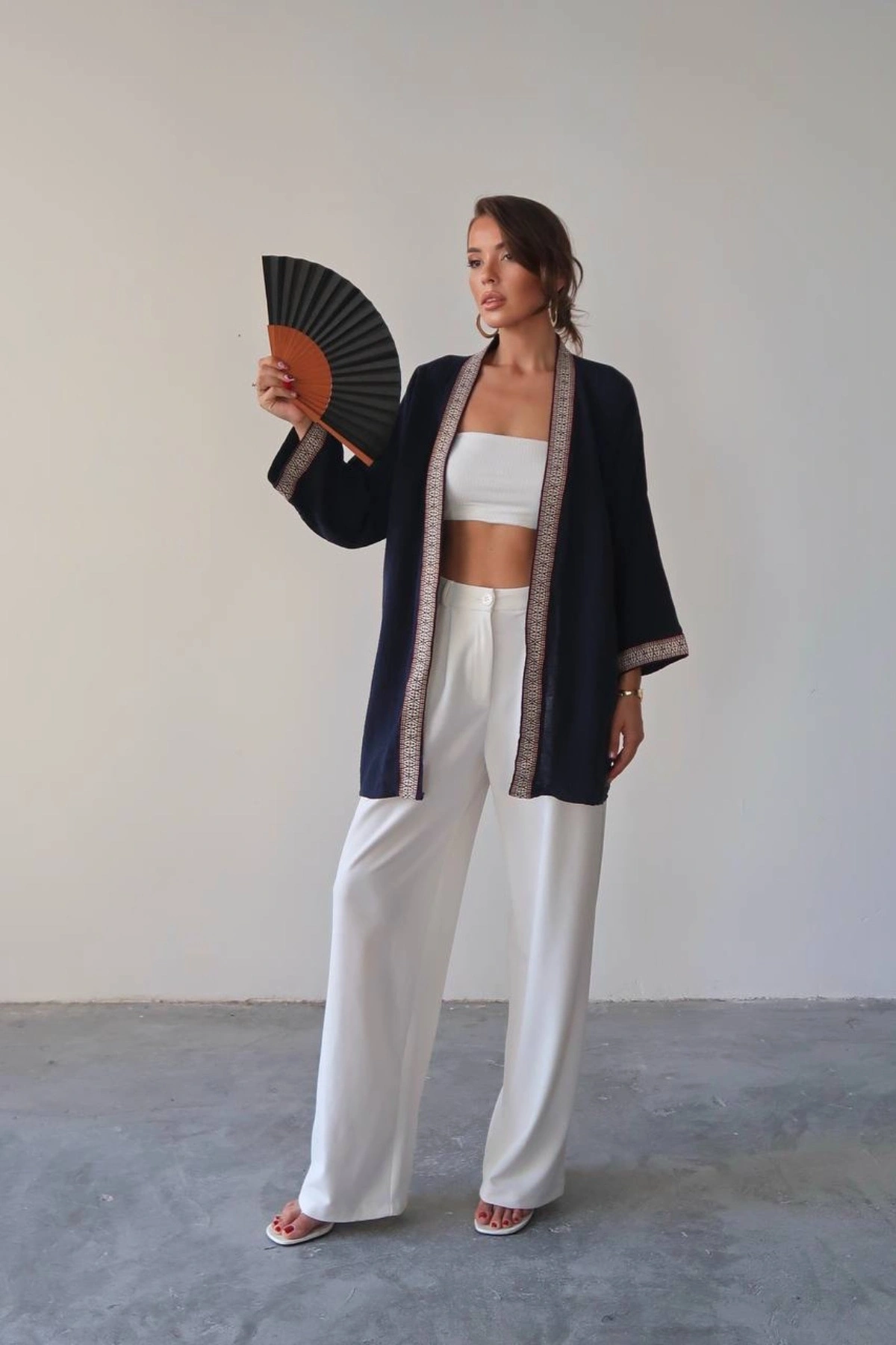 Kadın Lacivert Nakışlı Bohem Stil Premium Kalite Kimono Hırka