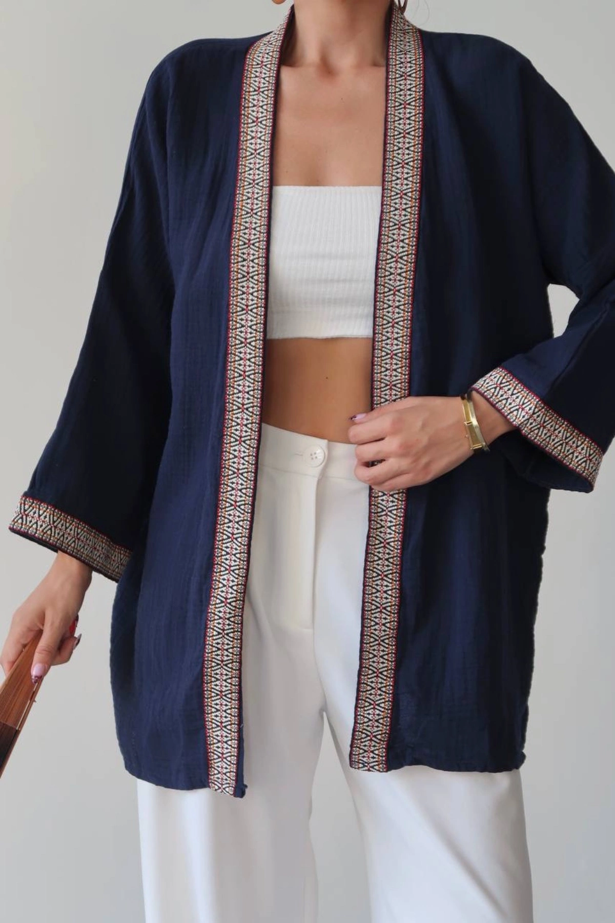 Kadın Lacivert Nakışlı Bohem Stil Premium Kalite Kimono Hırka