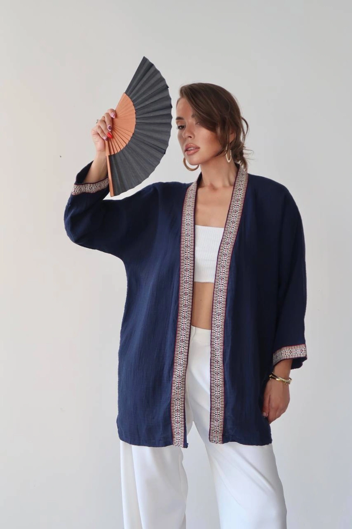 Kadın Lacivert Nakışlı Bohem Stil Premium Kalite Kimono Hırka