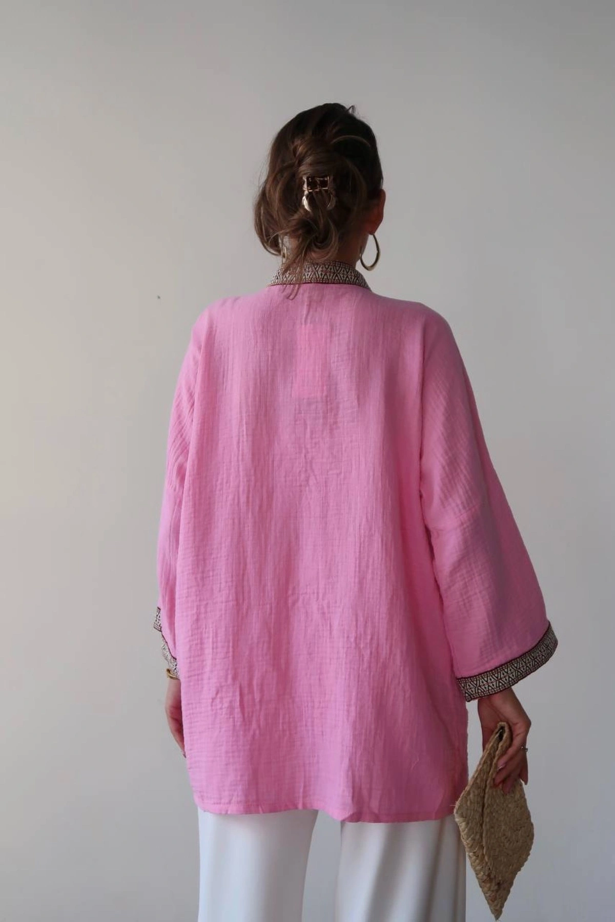 Kadın Pembe Nakışlı Bohem Stil Premium Kalite Kimono Hırka