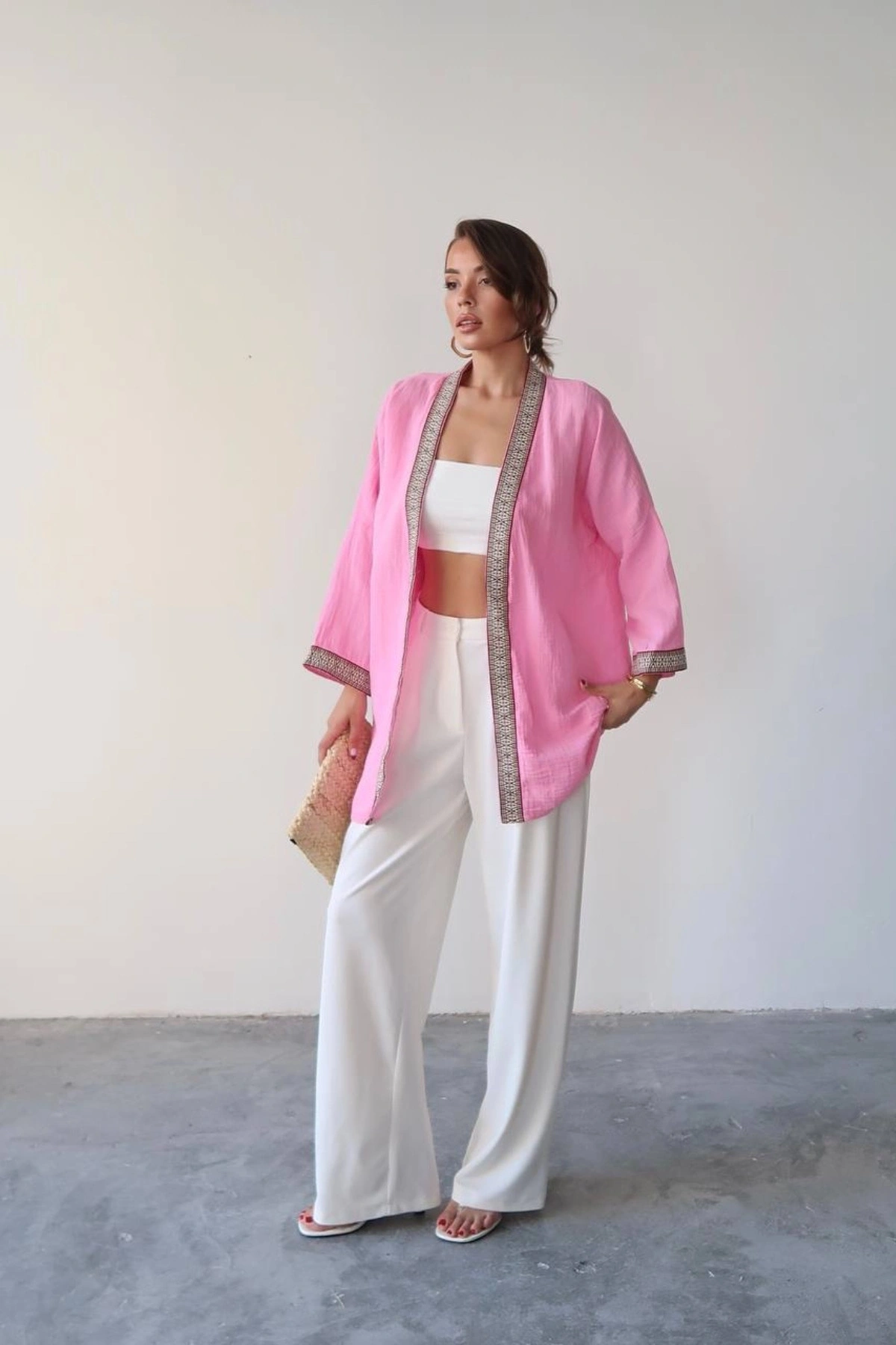 Kadın Pembe Nakışlı Bohem Stil Premium Kalite Kimono Hırka