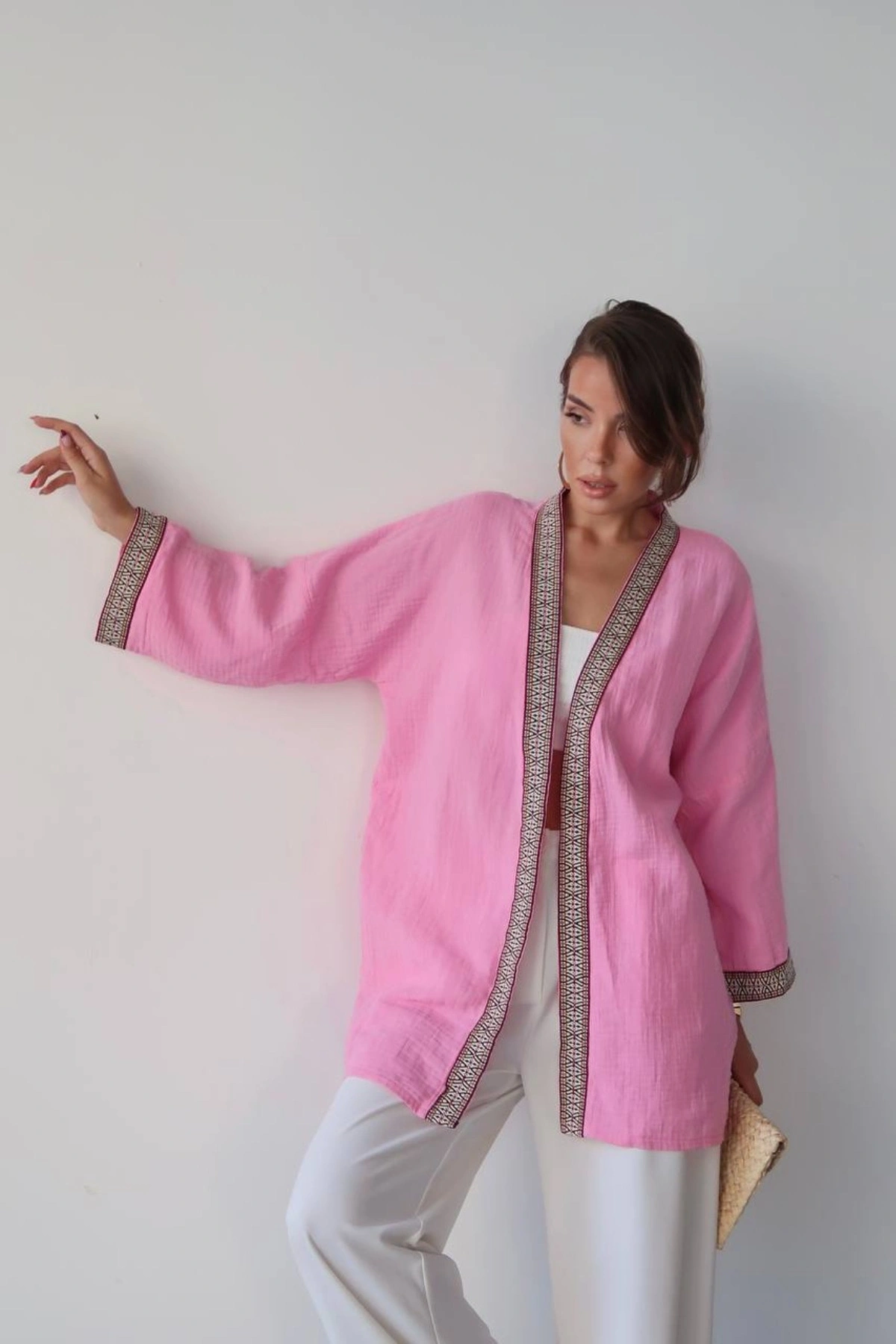 Kadın Pembe Nakışlı Bohem Stil Premium Kalite Kimono Hırka