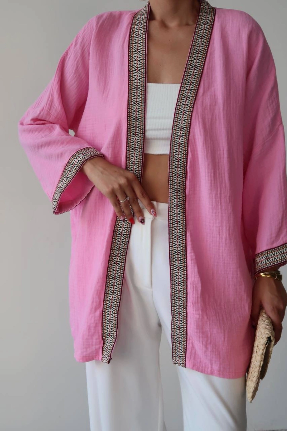 Kadın Pembe Nakışlı Bohem Stil Premium Kalite Kimono Hırka