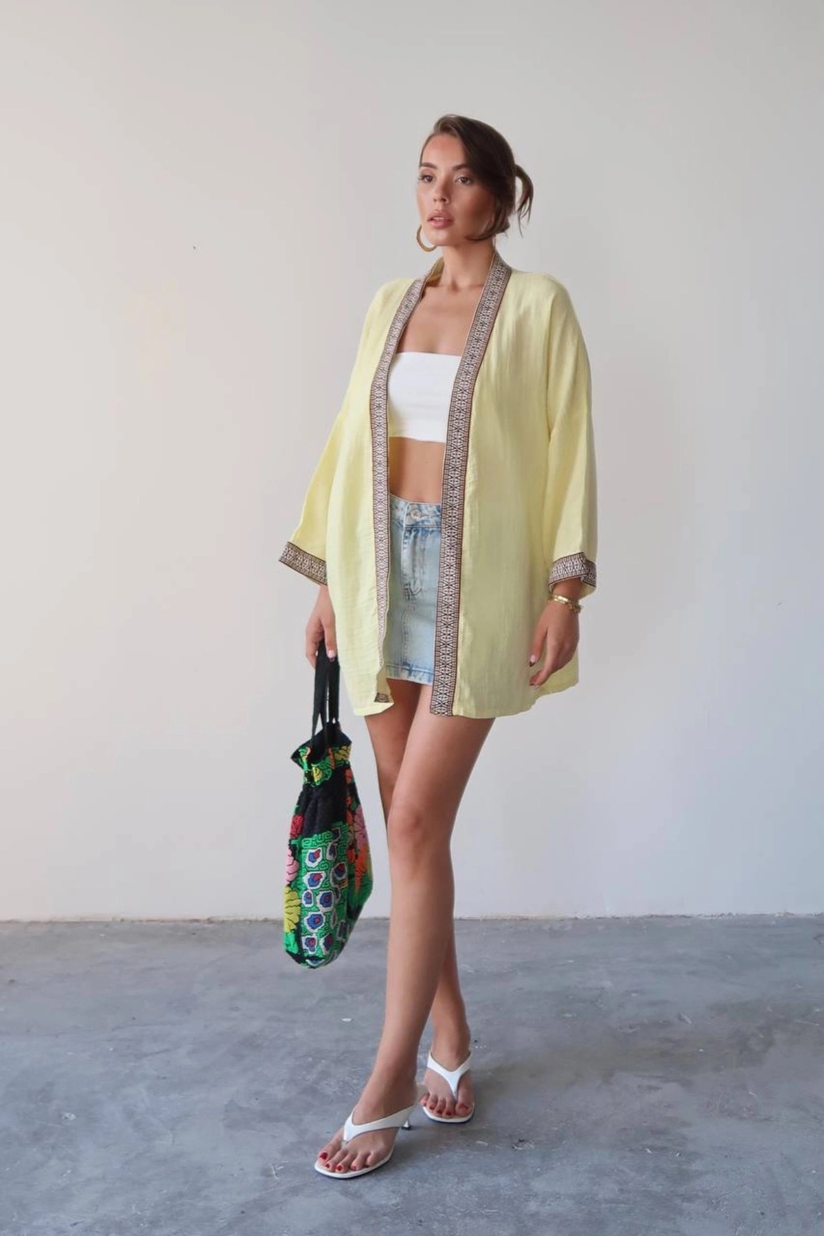 Kadın Limon Sarısı Nakışlı Bohem Stil Premium Kalite Kimono Hırka